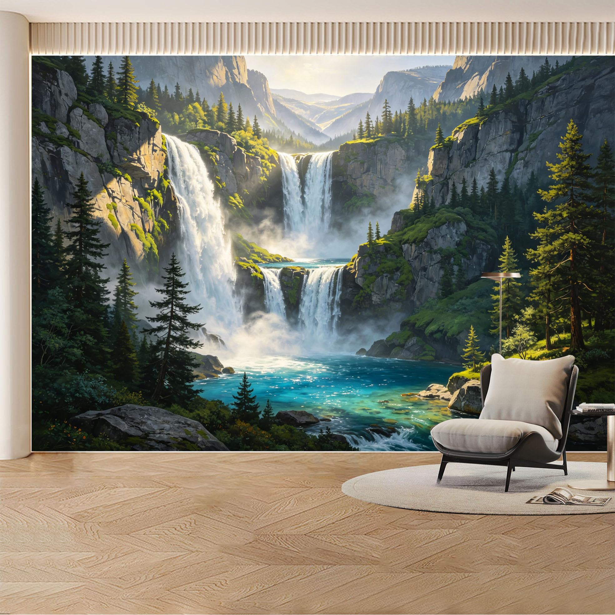 Kayorowalls Bh20260620016 Custom Wall Mural Wallpaper Waterfall Mountain Landscape Nature 3D Effect Wall Decor Large Wall Art Misty Nordic Style Removable Selfadhesive Large Photo For Living Room， Bedroom， Office
