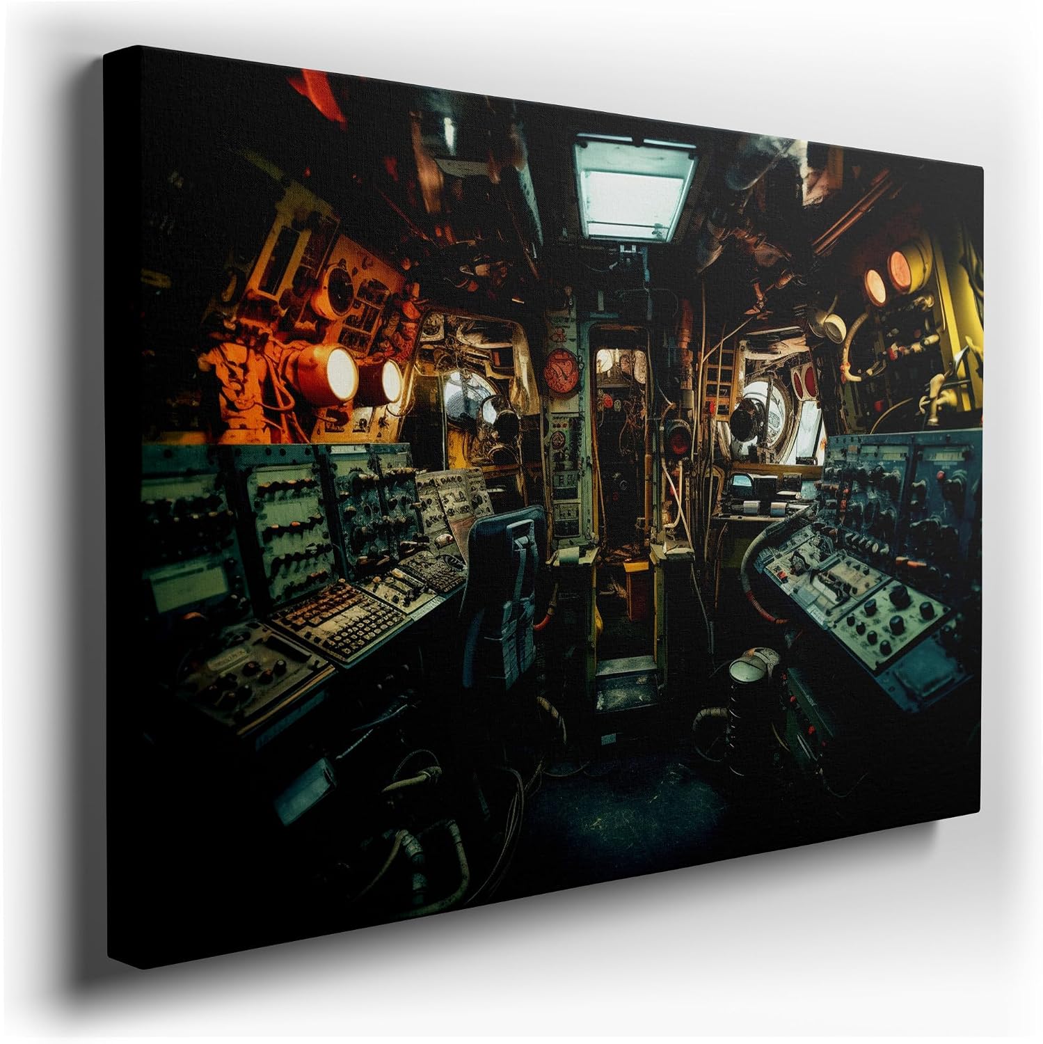 Canvas for Living room. Navigating Nostalgia: Inside the Cramped Quarters of a Vintage Control Room, 27 x 18 inch Canvas Wall Art - Ready to Hang - 69x46 cm (27x18 inch)