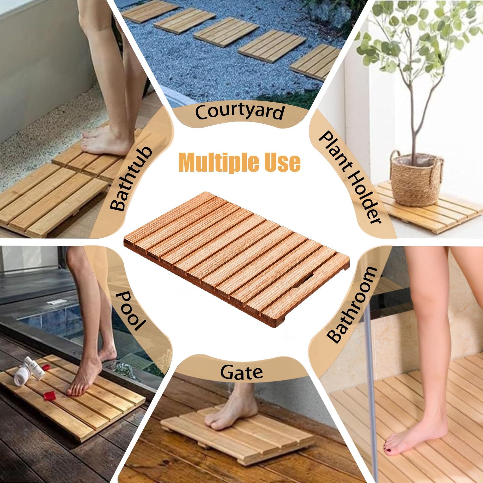 Alfombrilla de Ducha de Madera Natural Impermeable con Almohadillas Antideslizantes baño, Sauna, Piscina, jardín y Patio - 40 cm x 40 cm (15,7" x 15,7") -