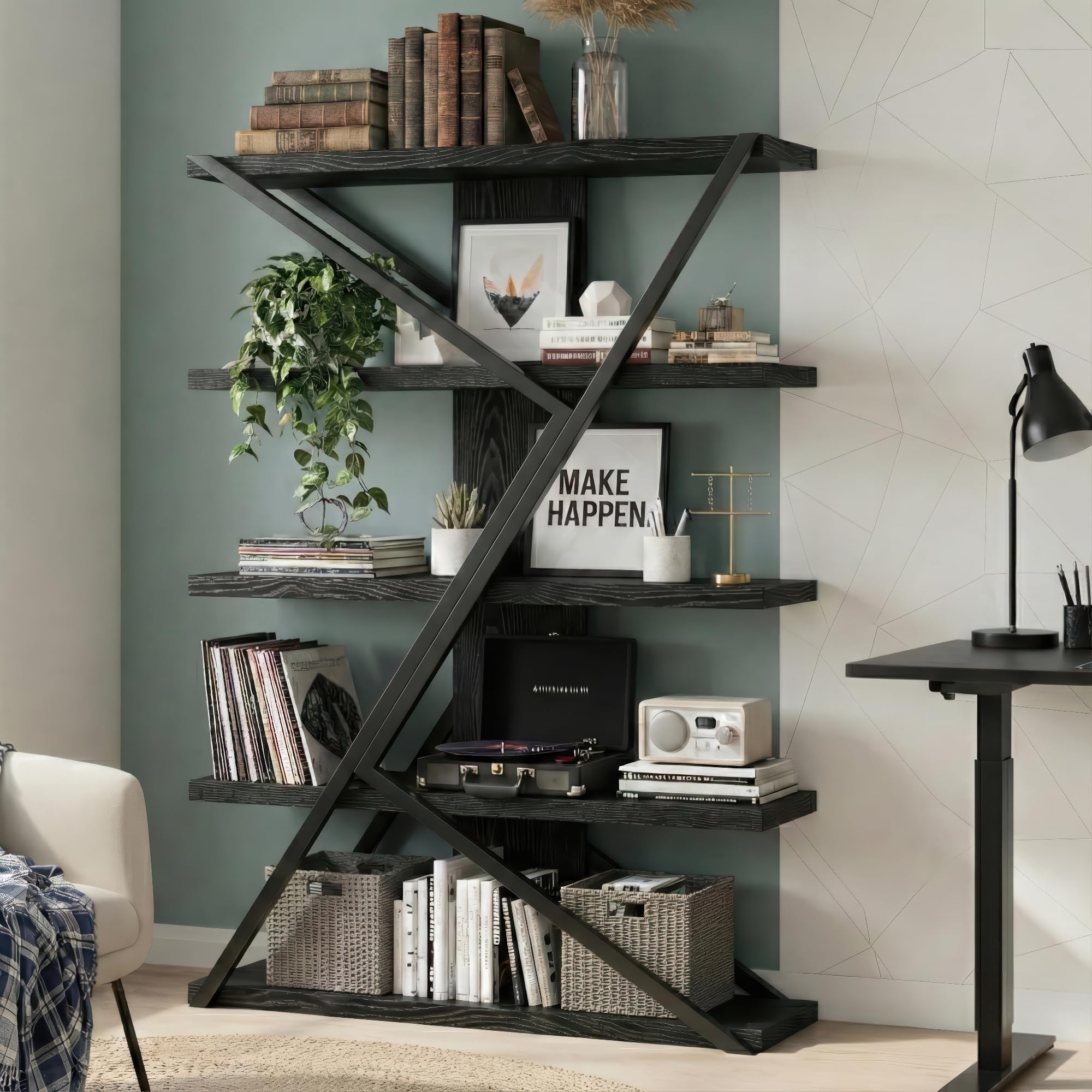 FUSUNBAO Industrial Bookshelf, Vintage 5-Tier Tall Bookcase with Wood and Metal Frame, Rustic Large Display Shelf for Home Office, 67" H x 47" L x 12"