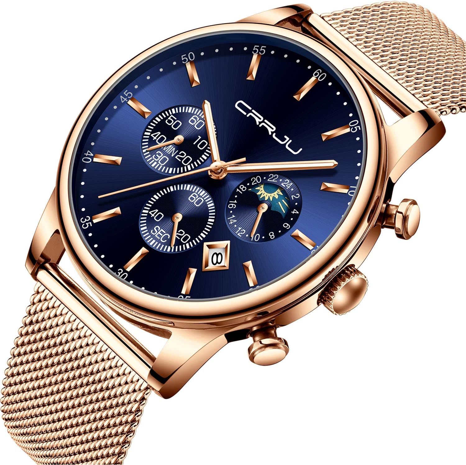 CRRJU Men's Fashion Casual Watches Auto Date Chronograph Watch Men Nice Work Watches Waterproof 30M Full Steel Quartz with Mesh Strap