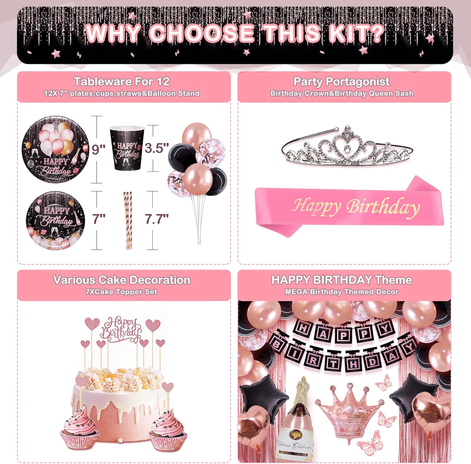 Party Spot! Black Pink Birthday Decorations For Women ,Rose Gold and Black Party Decorations Kit,Happy Birthday Supplies Set-Tableware Pack, Balloon Pump, Banner, Fringe Curtain For 12 Guest - Image 8