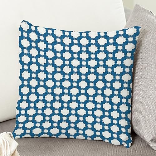 Miniatura 4 de Funda de almohada de granja de celosía azul marino y blanco, diseño geométrico azul con azulejos marroquíes, de lino blanco, 16 x 16 pulgadas