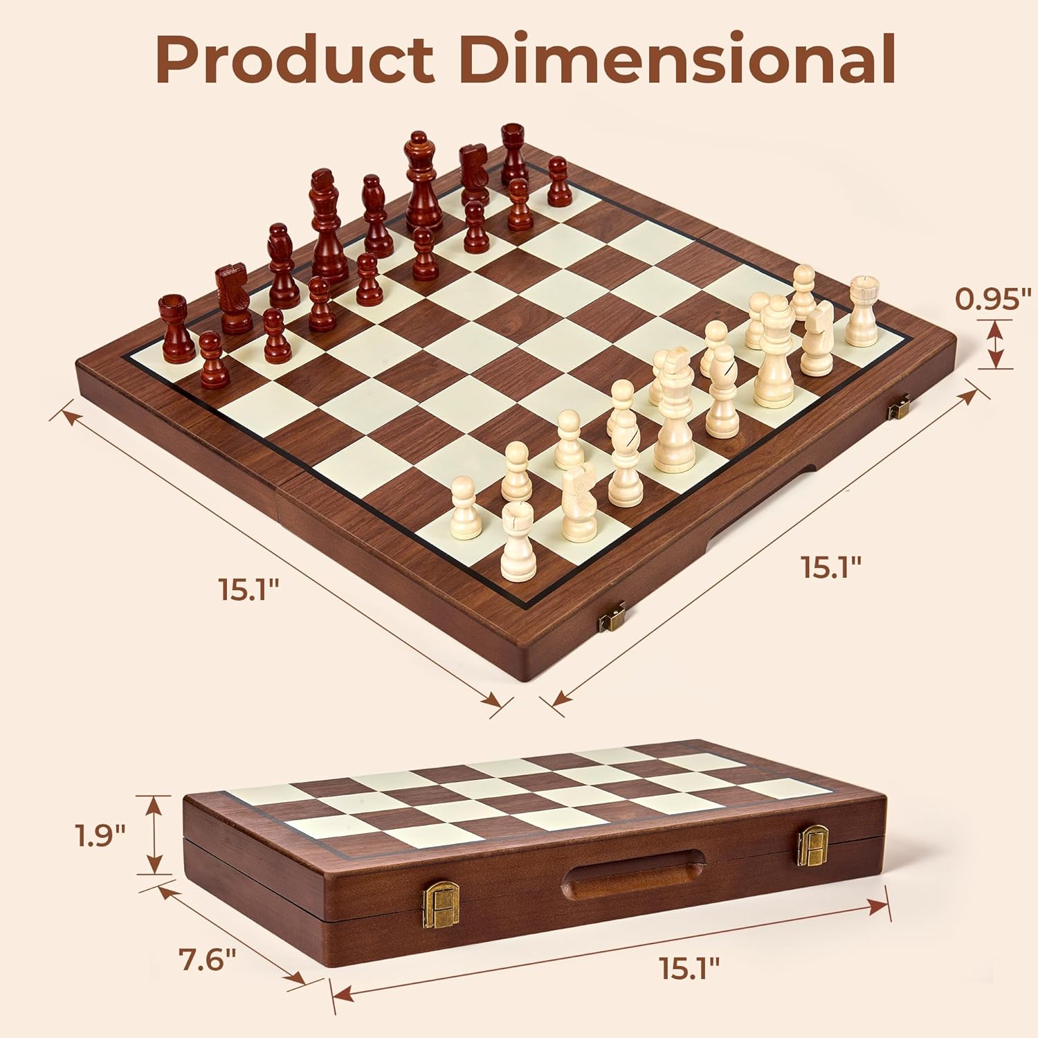 MerryPony 2 in 1 Wooden Chess and Checkers Set Magnetic – 15 inch Folding Board Game with Strong Magnetic Chess Pieces with 2 Extra Queens, Portable Travel Beginner Chess Game Set for Adults, Family