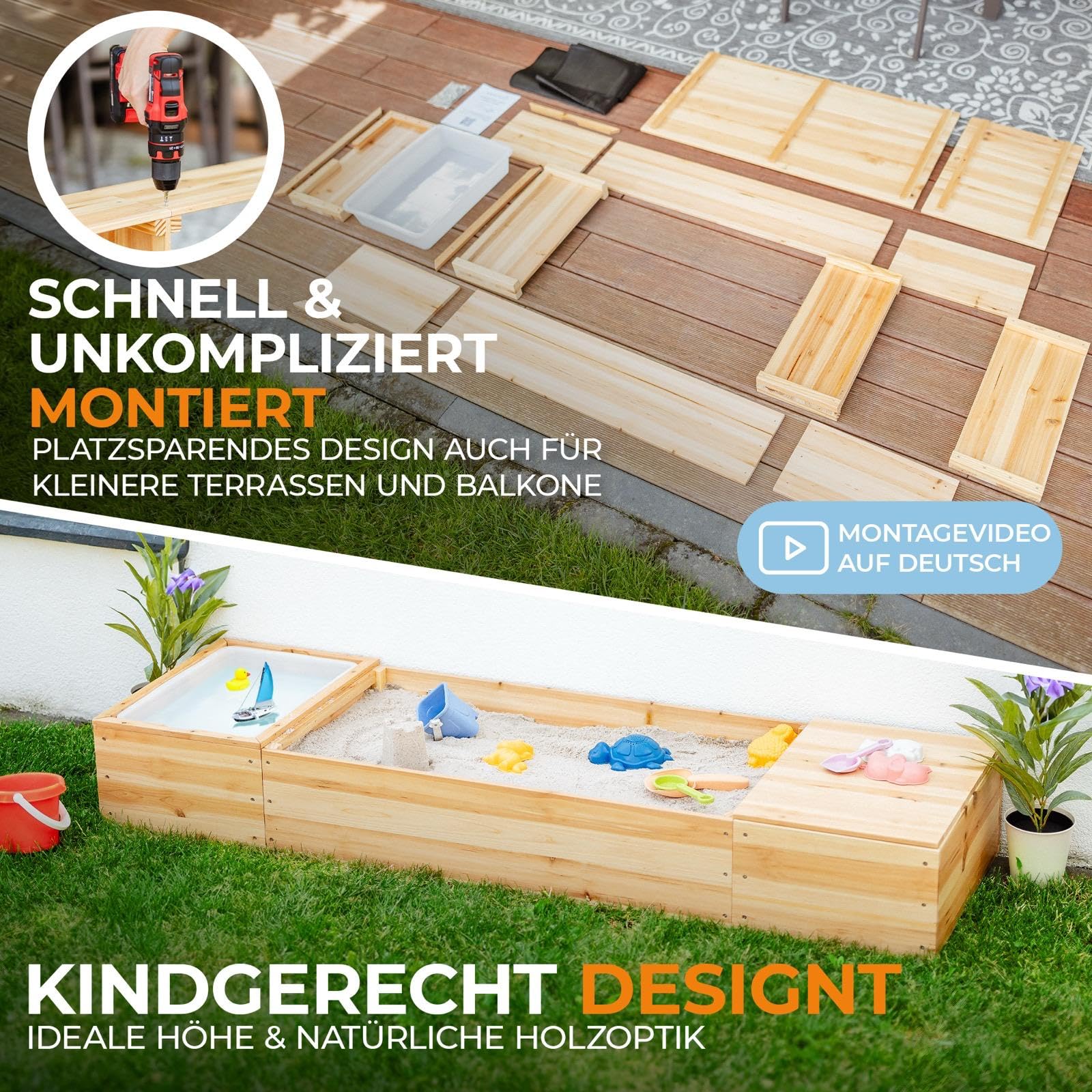 Sandkasten mit Abdeckung 150x45cm – 4 in 1 Sandbox mit Deckel aus lasiertem Massivholz für Balkon, Terrasse & Garten – Matschküche, Sandfach, Staufach, Sitzbank & Vlies, ab 1 Jahr