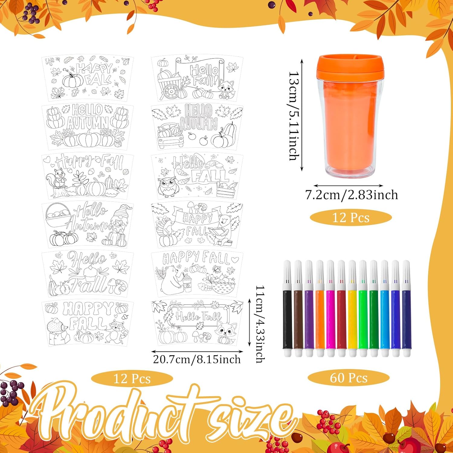 Cinrobiye 12 Set Fall Coloring Cups with Lid DIY Autumn Personalized 8oz Coffee Mug Plastic Cups with 12 Paper Inserts for Fall Holiday Birthday Party School Home Prizes Favors Supplies