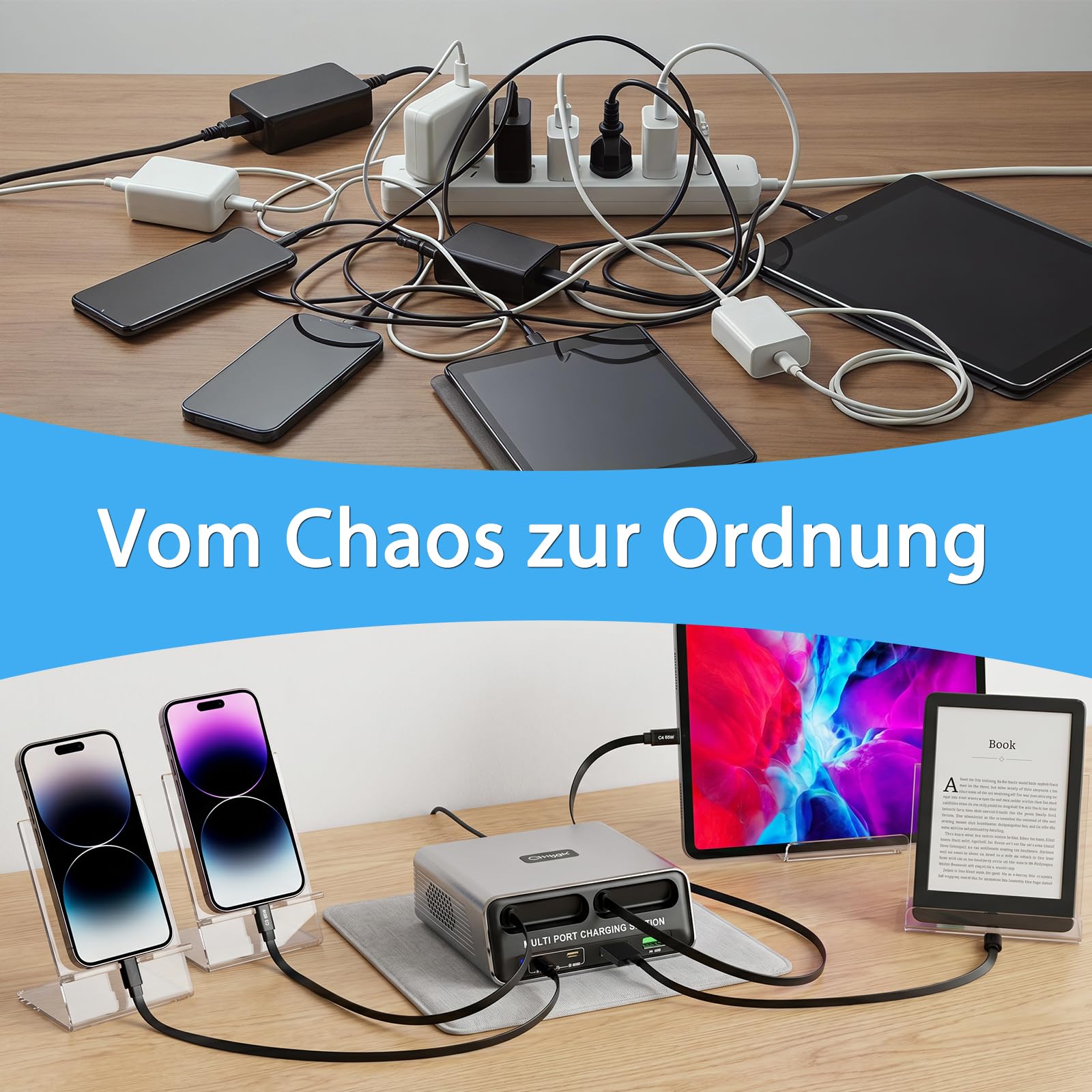 6 in 1 GaN Ladestation Mehrere Geräte, 65W USB C Schnellladegerät mit 2 Einziehbaren Kabeln, Klein Ladestation Kompatibel für MacBook/iPad/Phone 17/16/Samsung/, Silent Design mit rutschfest