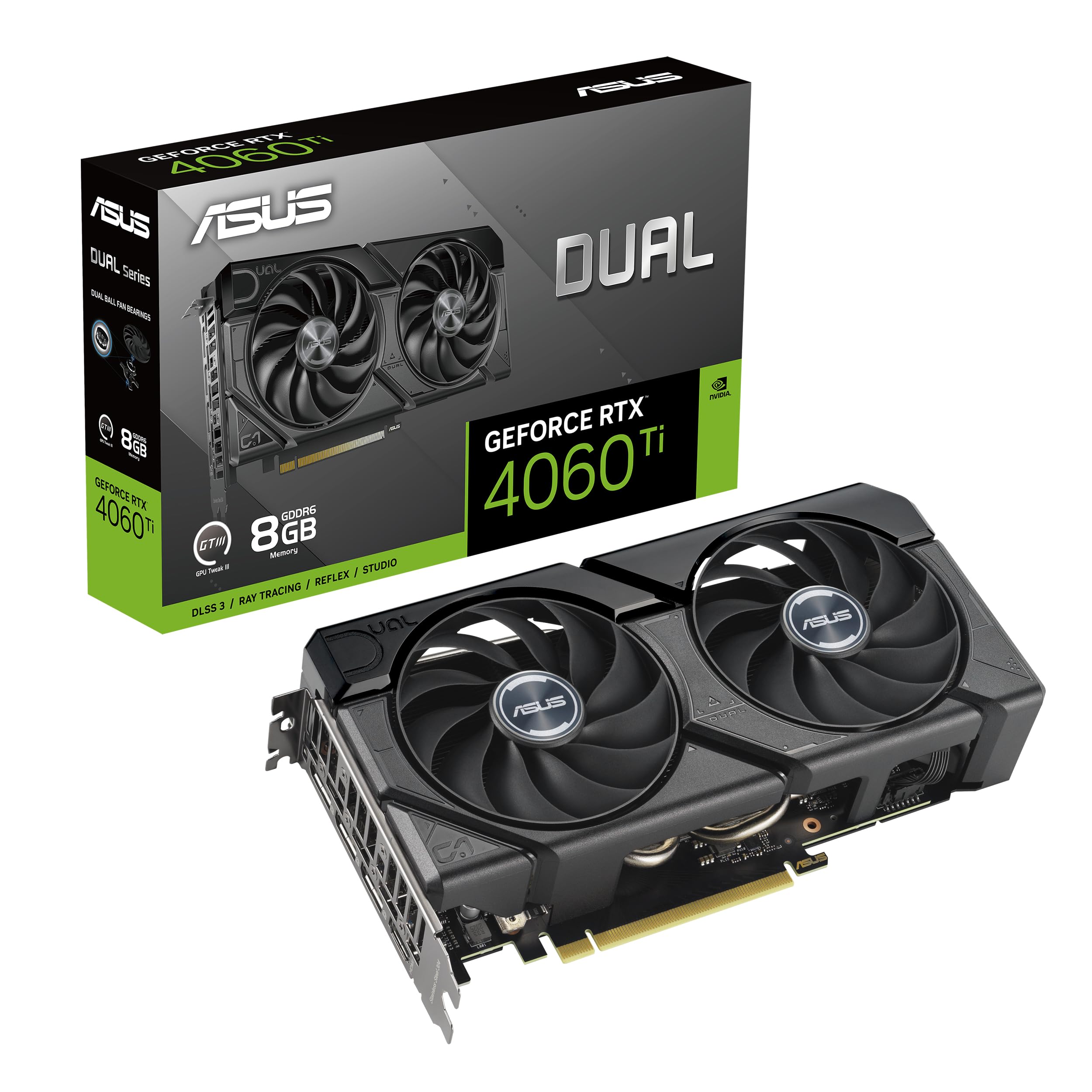 ASUS Dual GeForce RTX™ 4060 Ti EVO 8GB GDDR6 (PCIe 4.0, 8GB GDDR6, DLSS 3, HDMI 2.1a, DisplayPort 1.4a, Axial-tech Fan Design, 0dB Technology, Protective Backplate, Auto-Extreme Technology)