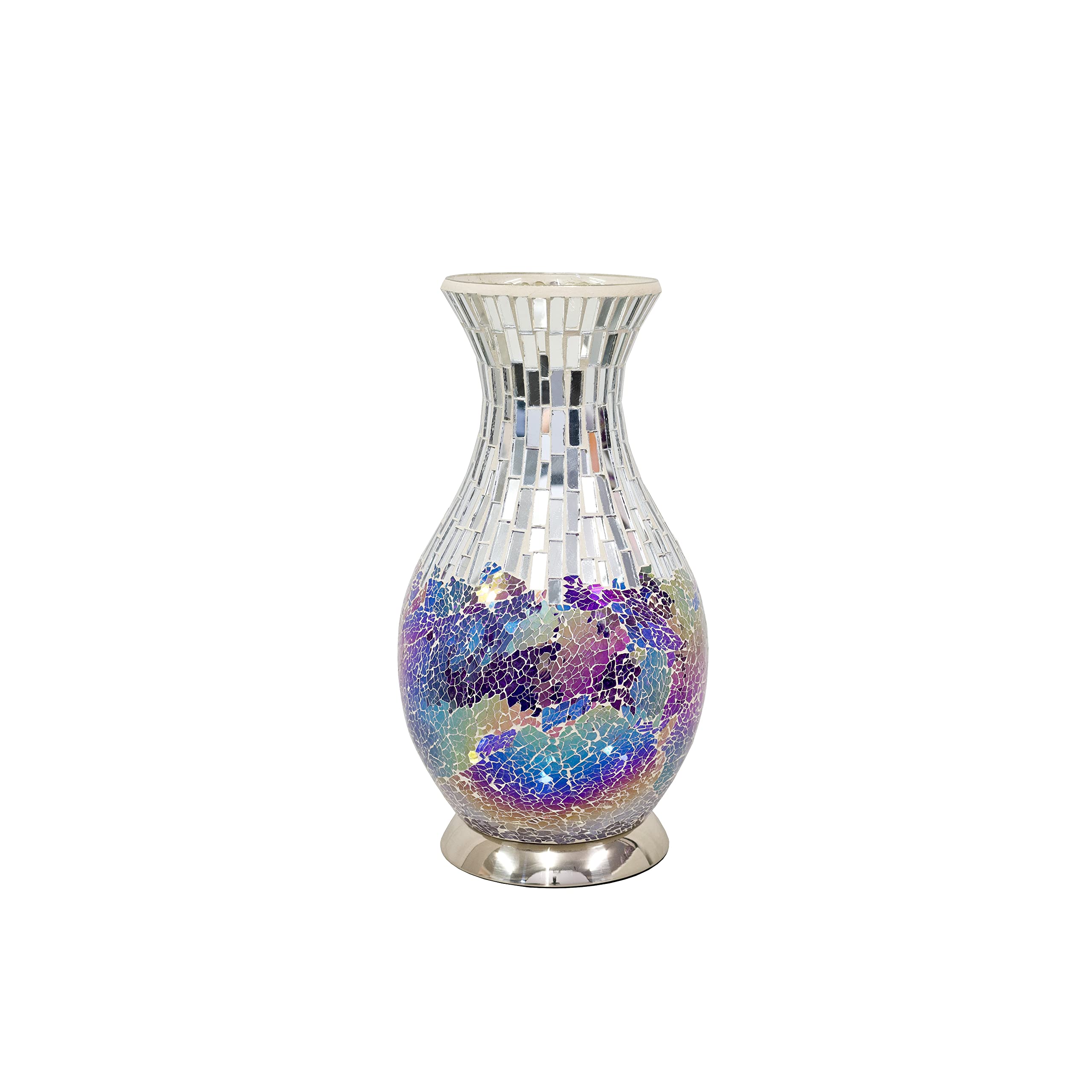 Design By Pepper Tile Mirror Glass Crackle Table Light Mosaic Vase Lamp with Chrome Base for Bedroom Kitchen and Lounge (Purple)