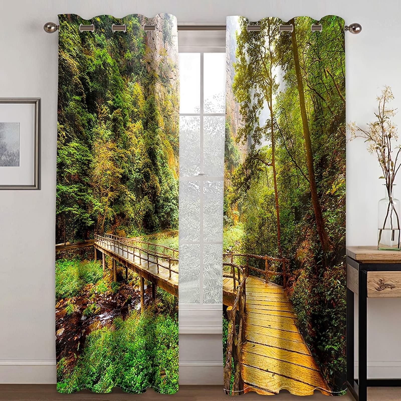 Zielone zasłony kuchenne, zasłony zaciemniające okno górska dolina krajobraz poliester zestaw 2 szt. 204 x 160 cm