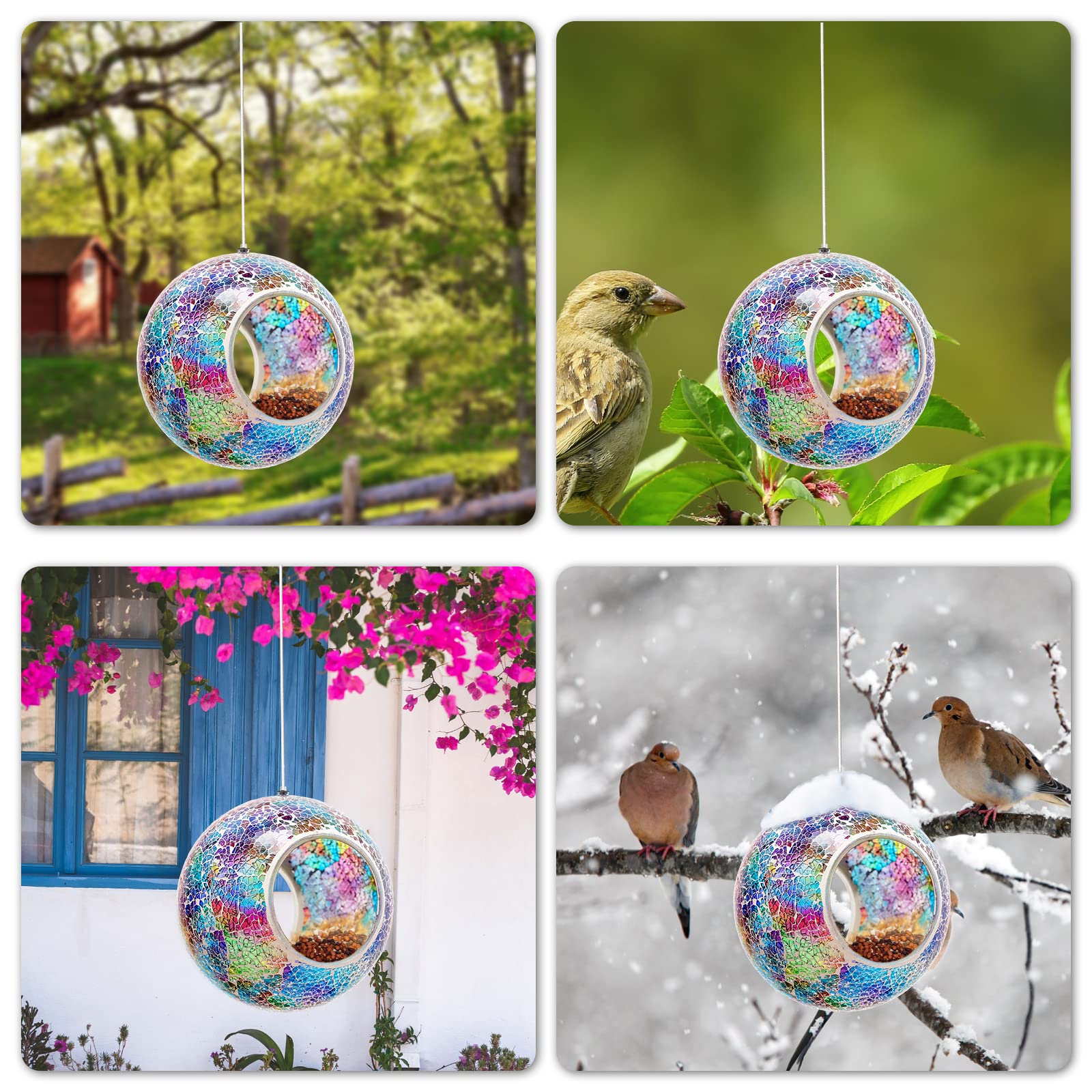 Comedero para pájaros con mosaico, comedero para pájaros para colgar en el exterior con comederos de vidrio de forma redonda para atraer pájaros silvestres para jardín, terraza, patio, patio