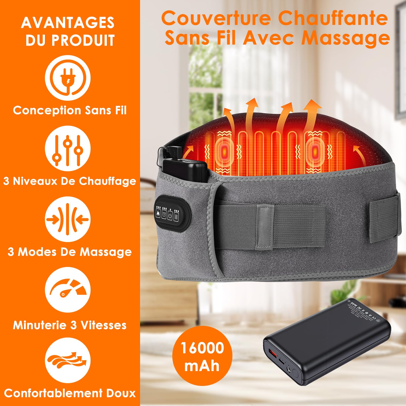 GuKKK - Bande chauffante électrique 16000 mAh - Chauffage Lombaire avec 3 niveaux de température et massage par vibration, bande chauffante Lombaire, pour dos d'abdomen (gris)