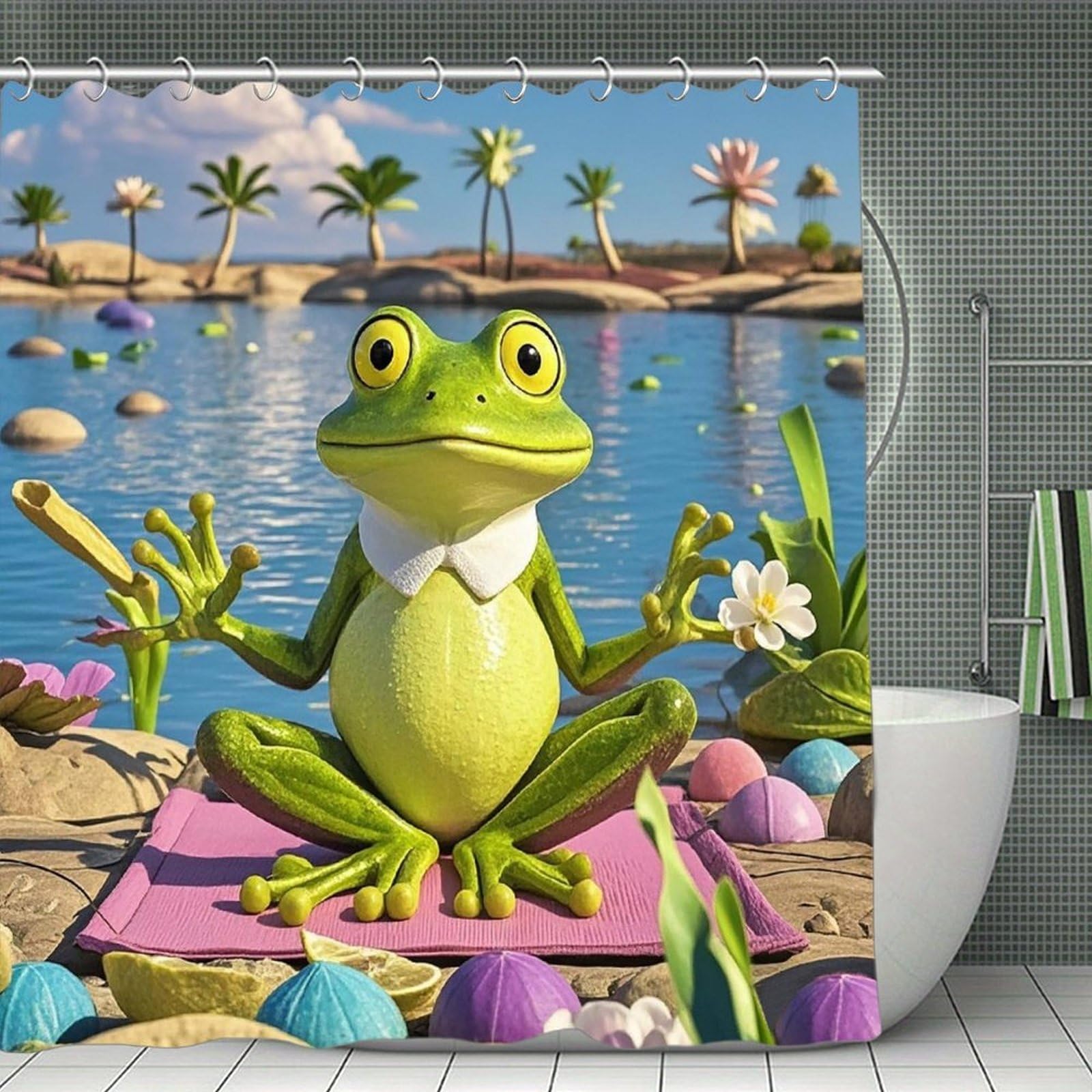 VstaDank Funny Yoga Frog Shower Curtain Light-Weight Blackout Bathroom Curtain Washable Shower Liner 71x71 Inch Bath Curtain with Metal Holes Bathtub Bath Room