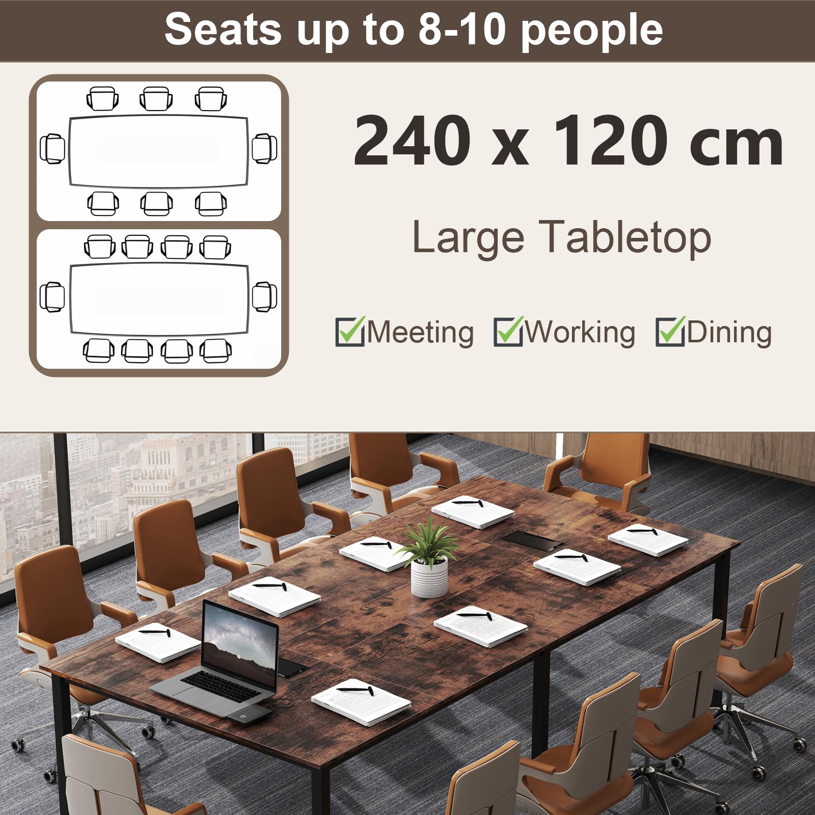 LIFEZEAL Konferenztisch 240 x 120 cm, Schreibtisch Büro für Konferenz, Seminar, Großer Computertisch für 8-10 Personen mit 2 Kabeldurchführungen, Industrie-Design, Vintage Braun