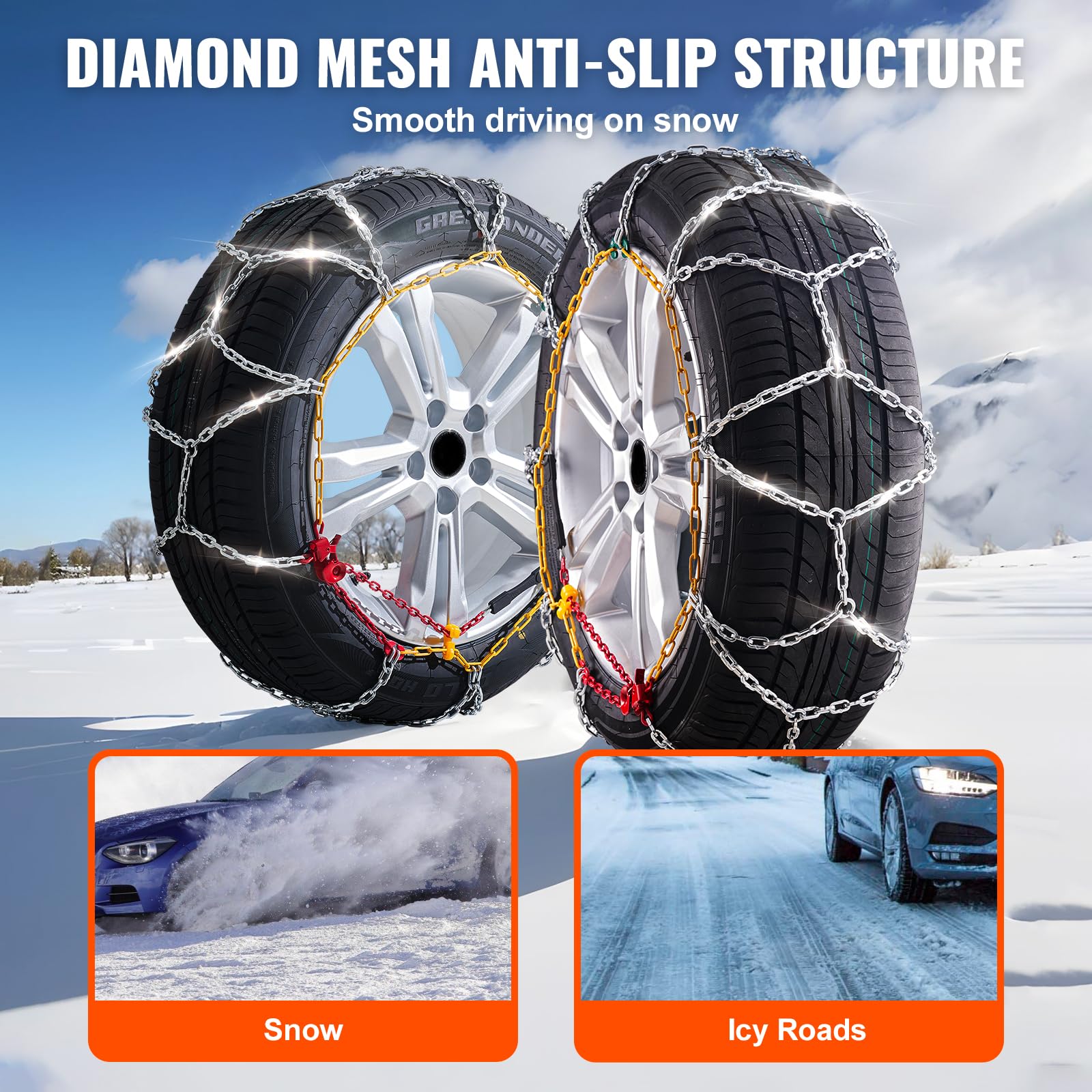 VEVOR Schneeketten Reifenketten aus Mangan-legierter Stahl, Notfall-Traktionsketten, 2 Stk. 675/730 mm Universal Auto Schneeketten Schwerlast Notfallzugketten für Autos Pickups SUVs Lkws, Silber