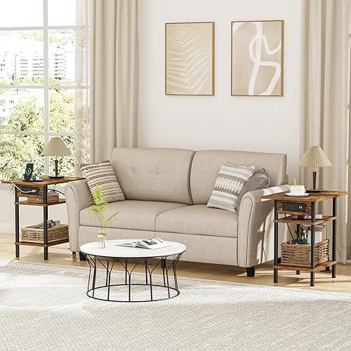 Miniatura 8 de Mesa auxiliar con estación de carga, mesita de noche delgada con puertos USB y tomas, mesa auxiliar estrecha de 3 niveles con almacenamiento para