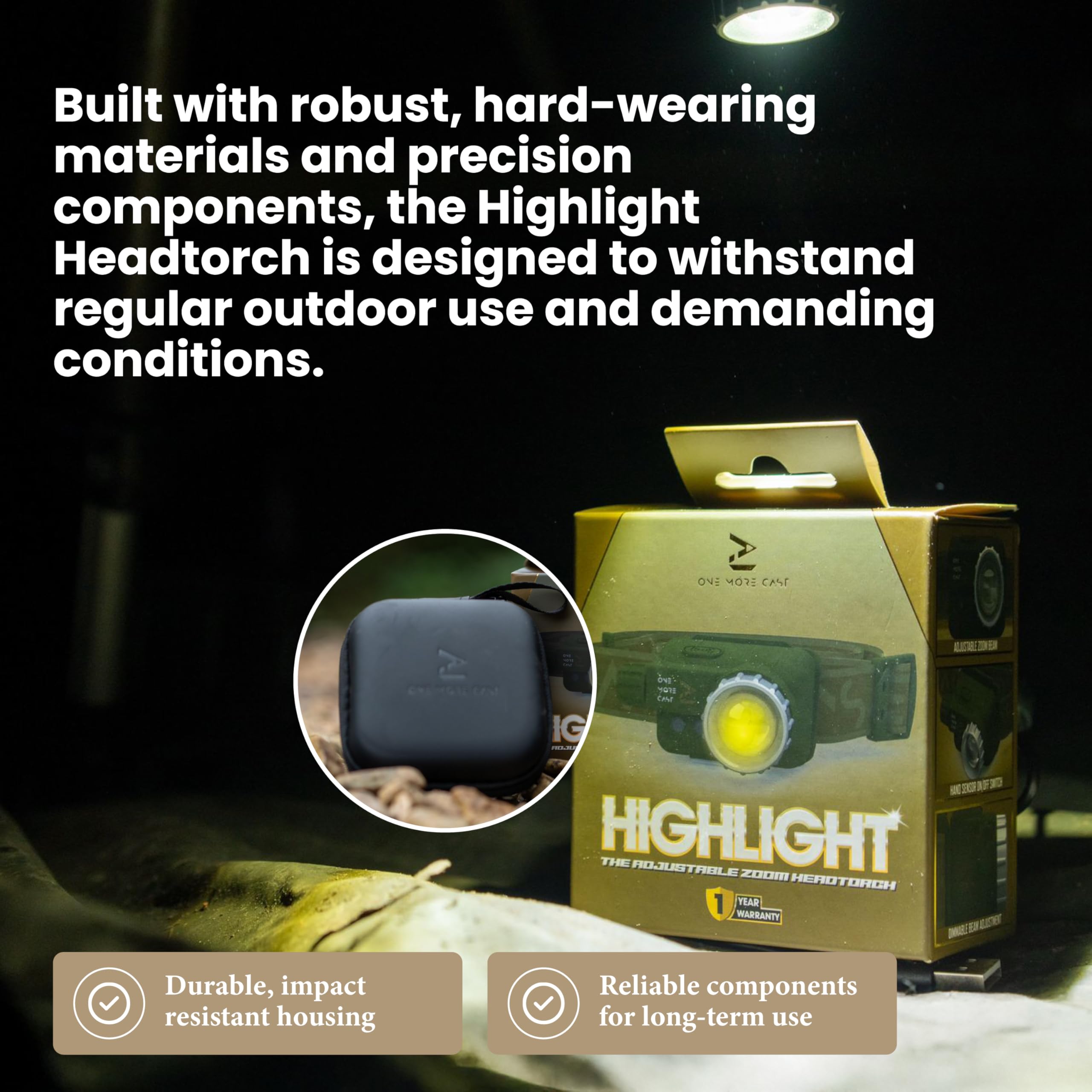 OMC Highlight Lampe frontale rechargeable USB-C jusqu'à 320 lumens | Faisceau de zoom réglable avec détecteur de mouvement et contrôle de torsion pour utilisation en extérieur et en bord de mer