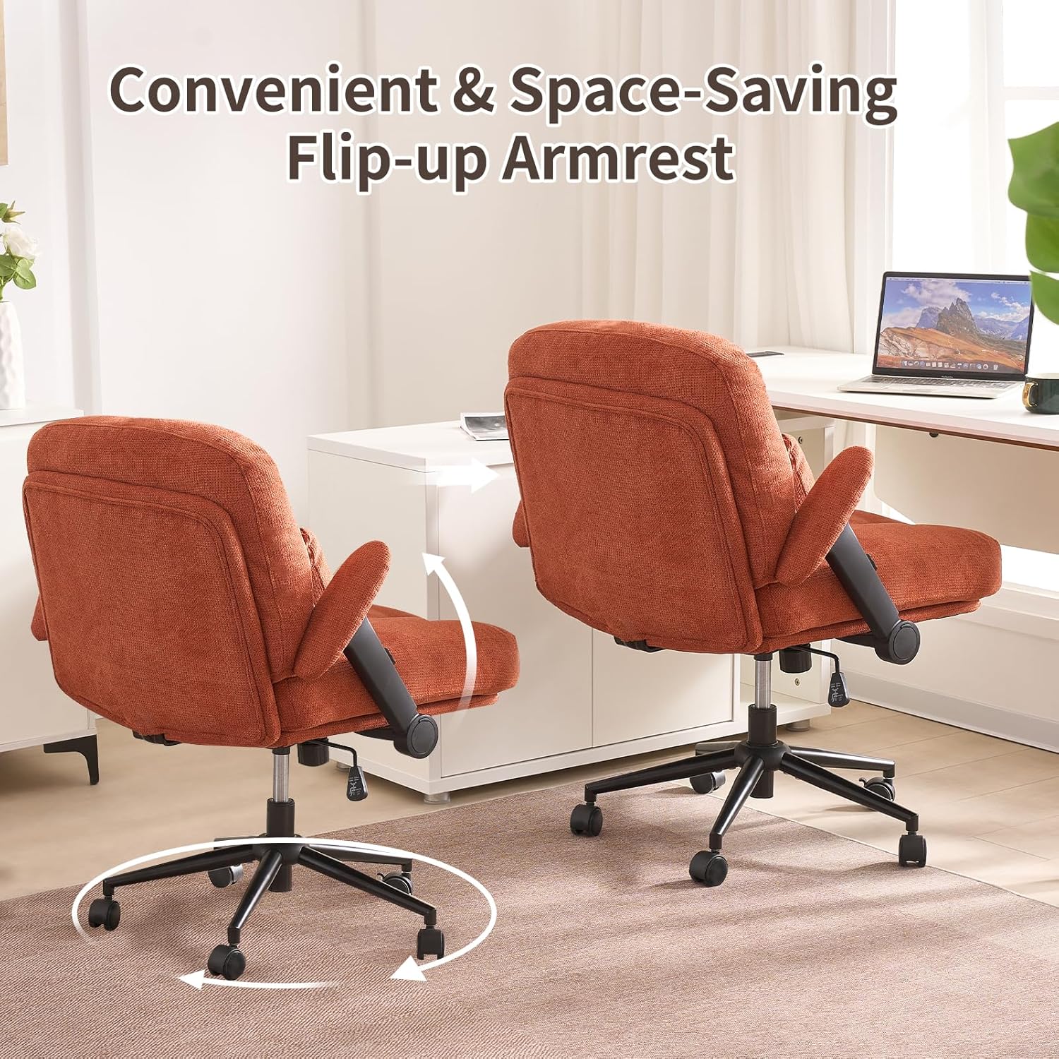 Criss Cross Chair with Wide Seat & Lumbar Support Pillow - Adjustable Armrest Office Chair with Lockable Wheels for Home Vanity, Orange