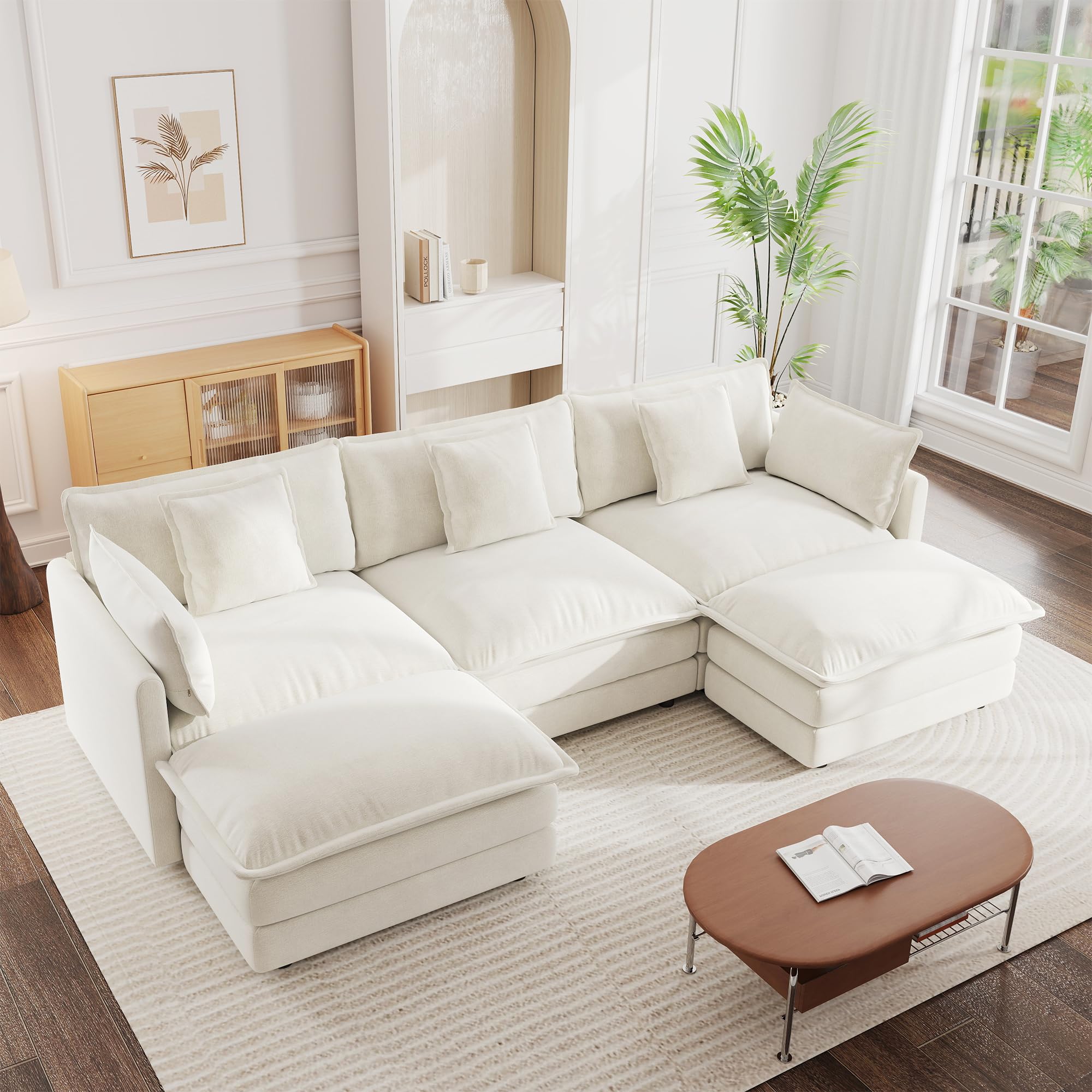 mikibama Modular Sectional Sofa, 111.5 Inch U Shaped Couch Set for Living Room, 3-Seater Comfy Cloud Couches with Movable Ottoman, DIY Combination,