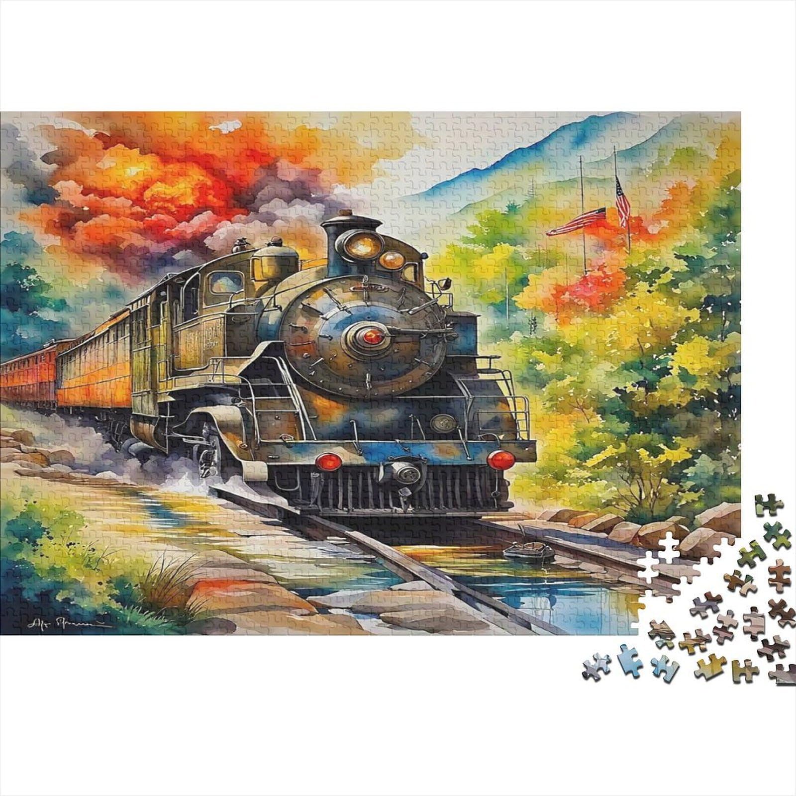 Vintage Steam Train 1000 Piece Jigsaw Puzzle Paper Jigsaw Puzzle for Adults Mountain Colourful Scenery Relaxation Focus Home Decoration 38x26cm/1000pcs