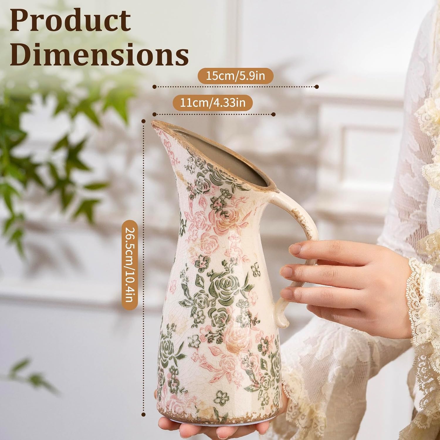 Vintage Ceramic Pitcher Vase with Handle, Farmhouse Green and Pink Large Floral Vases, Chinoiserie Decorative Vase, Rustic Table Centerpiece for Home Decor Living Room, Bookshelf, Office 10.5 Inch - Image 3