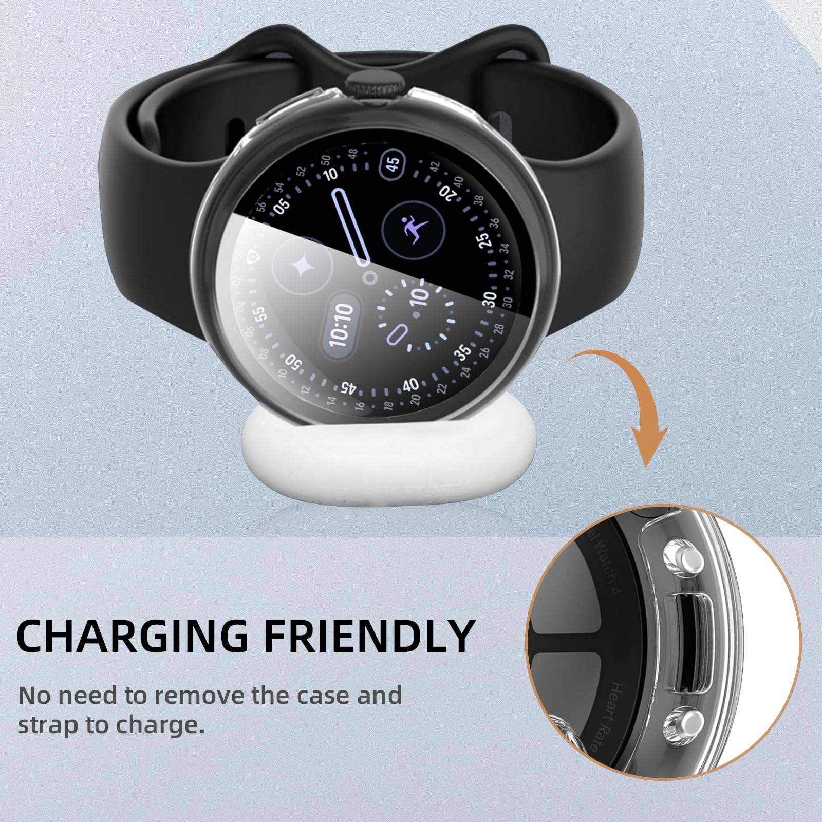 Etui kompatybilne z Google Pixel Watch 4 45 mm, twarde etui z poliwęglanu z osłoną ekranu ze szkła hartowanego, ochrona przed zarysowaniami i amortyzacją wstrząsów do Pixel Watch 4 45 mm