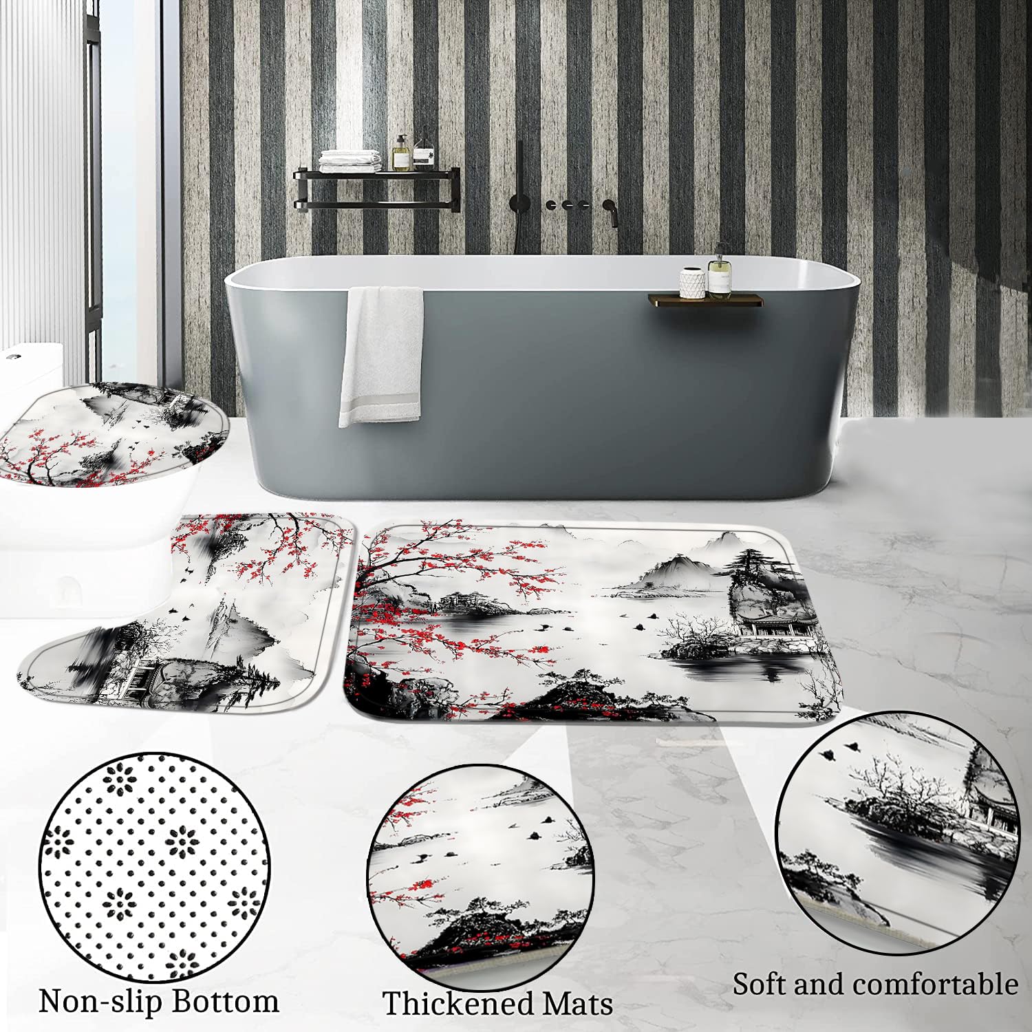 Ensemble de rideau de douche 4 pièces avec rideau de douche et tapis, rideau de bain de style japonais avec crochets pour décoration d'intérieur
