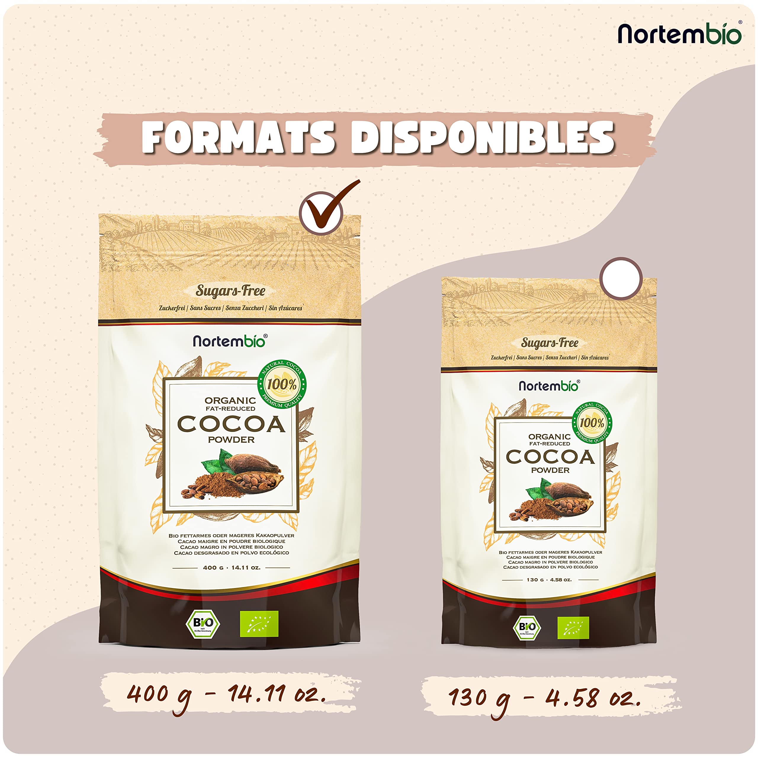 Nortembio Cacao en Poudre 400 g · Cacao Pur Dégraissé Biologique · Sans Sucres, Sans Gluten, Sans Lactose, Végan. Idéal pour la Pâtisserie et les Boissons Gourmets.