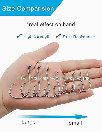 Miniatura 4 de Facikono Ganchos circulares de pesca de agua salada, aparejos de pesca para gato, paquete de 100 ganchos de pulpo desplazados para bagre, lubina,