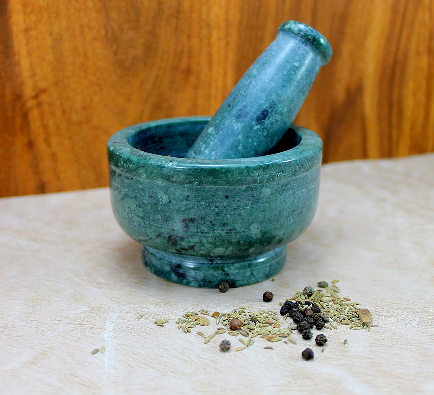 4 Diameter Natural Stone Mortar and Pestle Set as Spice Grinder, Medicine Masher - Okhli and Musal (Green Deep)