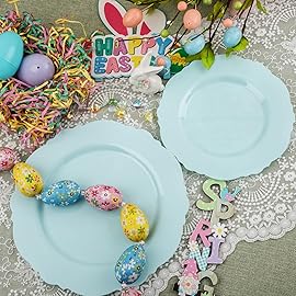 WDF 60pcs Mint Green Plastic Plates - Baroque Dinner Plates Including 30 Green Plates Disposable10.25inch, 30 Dessert Plates 7.5inch for Upscale Wedding, Parties