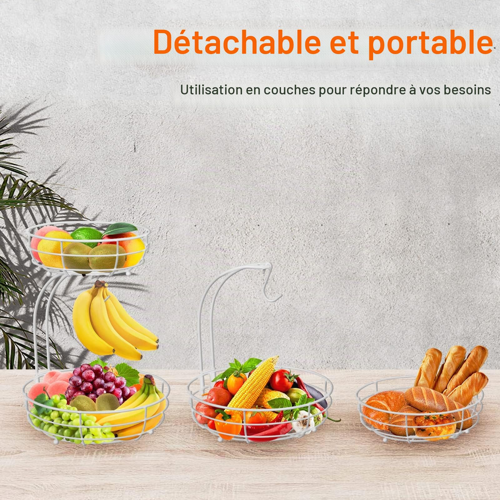 Étagère à fruits panier à fruits à 2 niveaux avec crochet pour banane comptoir de cuisine bol à fruits bols en métal parfait pour contenir des fruits des légumes des collations des cupcakes (blanc)