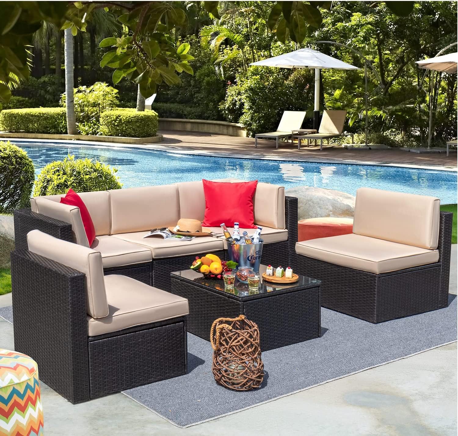 DEVOKO Patio Furniture 4 Piece Outdoor Sectional Rattan Sofa Manual Weaving Wicker Conversation Set with Glass Table and Cushion (Dark Brown and Cream)