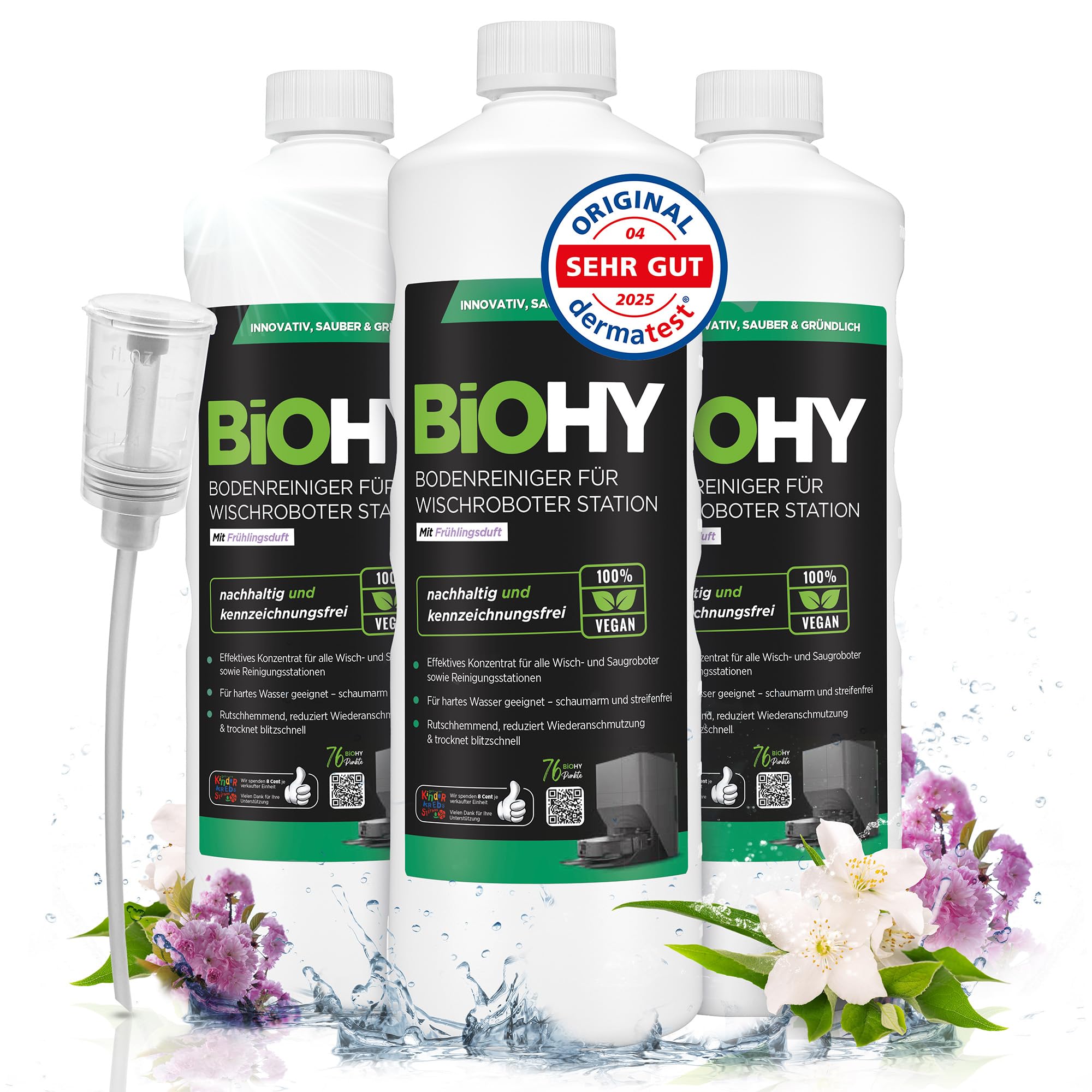 BiOHY Limpiador de suelos para robot limpiador estación con aroma primaveral (3 x 1 litro) + dosificador, detergente concentrado para todos los robots limpiadores y aspiradores con función húmeda,