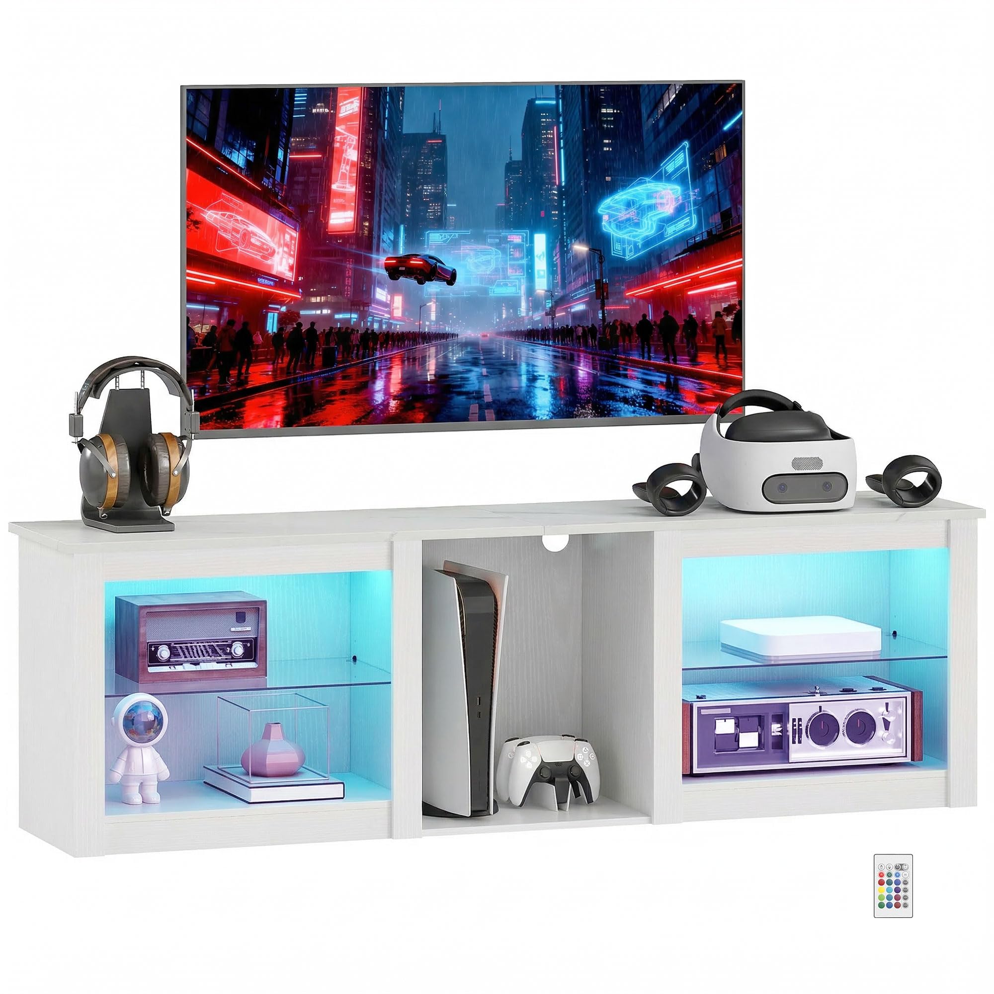 HOMCOM TV Unit with LED Lights for TV up to 70 Inch, 160cm TV Stand Cabinet with Adjustable Glass Shelves, Open Compartments for Gaming Consoles, TV Cabinet for Living Room, Bedroom, White