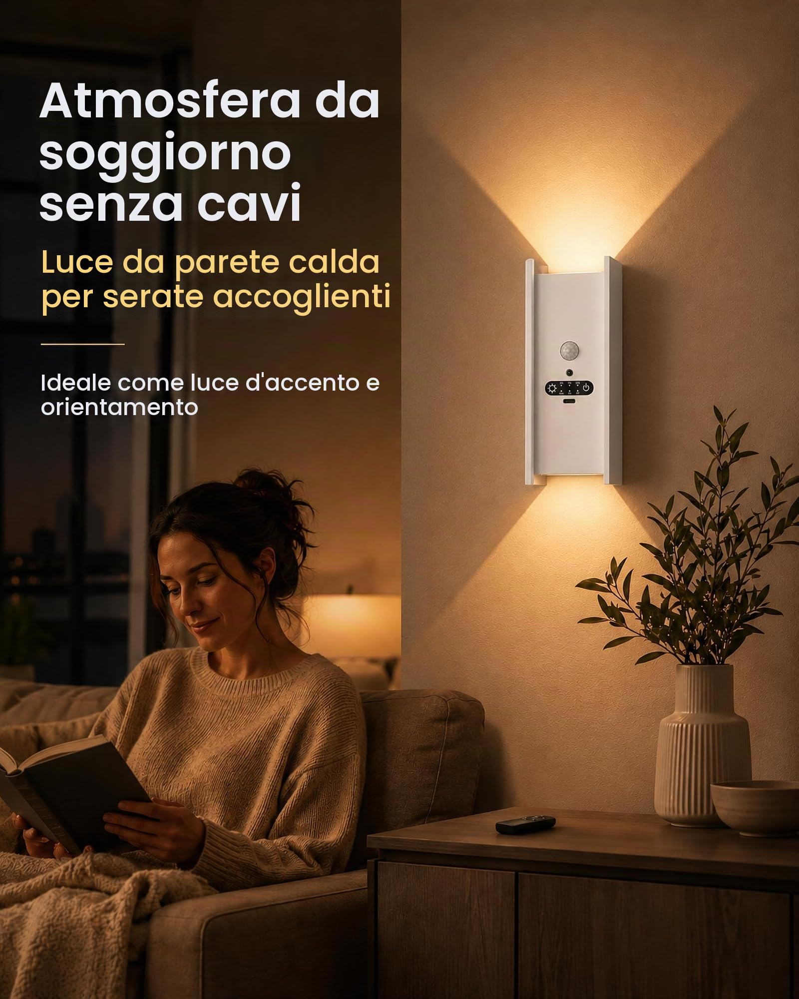 ACMHNC Lampada da Parete Senza Fili, Applique Ricaricabile da parete interno con Sensore di Movimento, 5W LED lampade senza corrente, Bianco Caldo, per Cameretta, Scale, Corridoio, Bianco