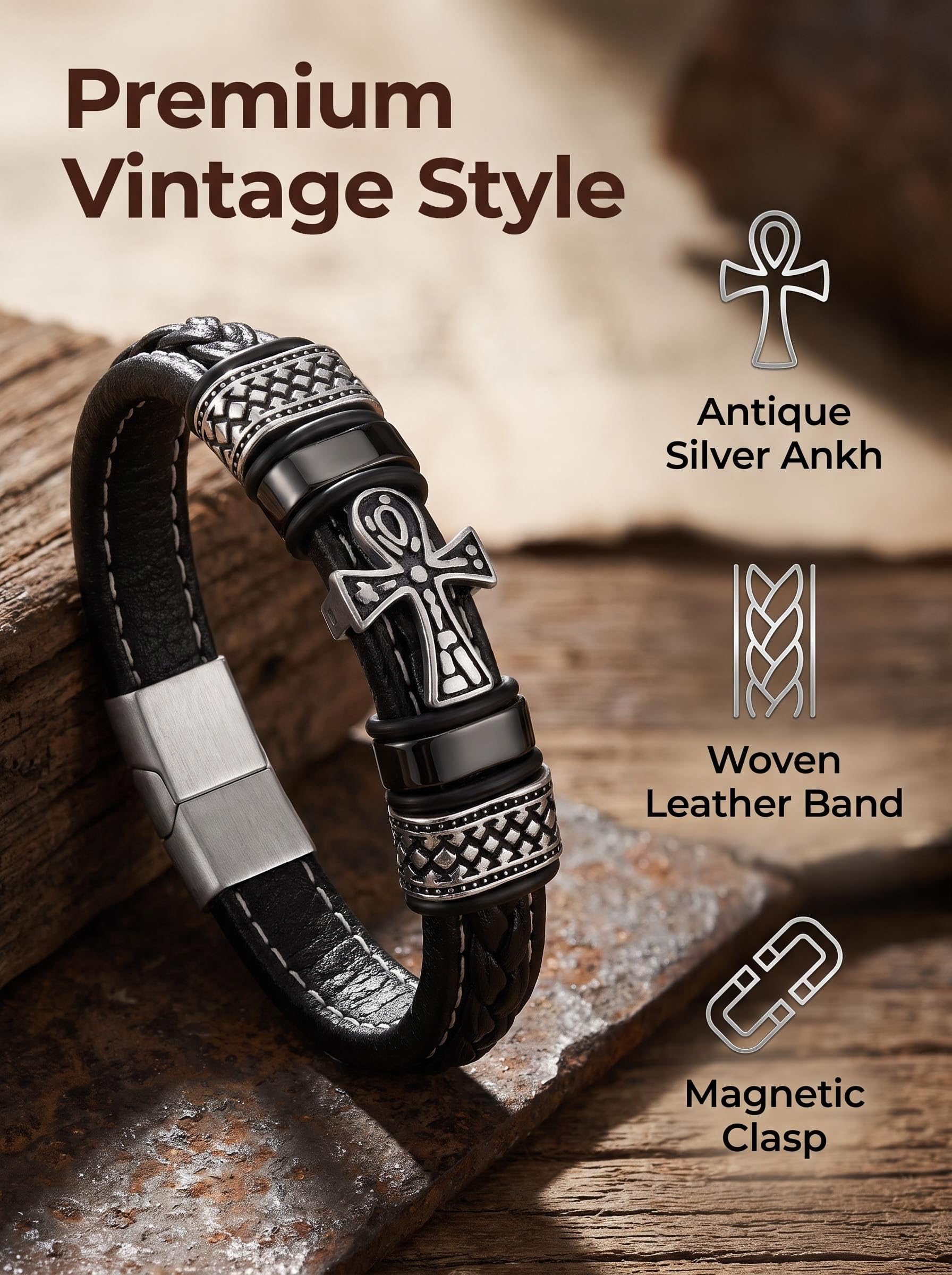Bracelet en cuir et acier inoxydable avec croix pour homme