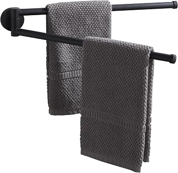 Swivel Towel Rack,Wall Mounted Towel Bar for Bathroom Swivel Towel Holder,Space Saving Towel Bar with Hook,Rustproof Black Towel Rack 180 Rotation Towel Holder for Bathroom