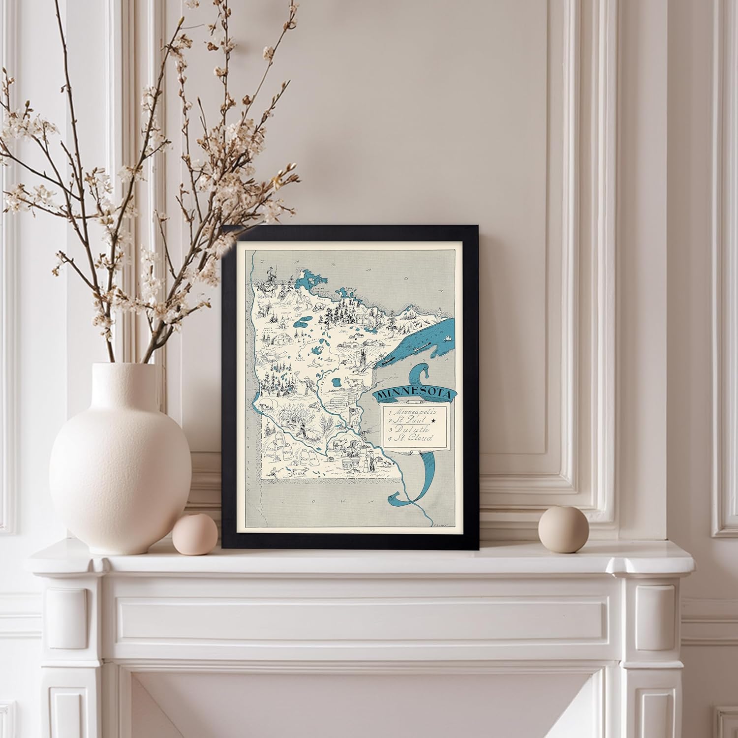 Monem Art Vintage Map Poster - Retro Minnesota Map Print - Minnesota State Map Art - Gift for Teacher, Student, Travel Lover - Decoration for Classroom, Office, Dorm, 11x14 Black Framed