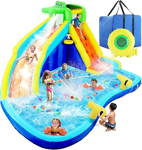 Vista 28 de ROOJER Casa inflable de doble tobogán acuático para niños patio trasero 10 en 1 parque acuático inflable con soplador, piscina de chapoteo, pared