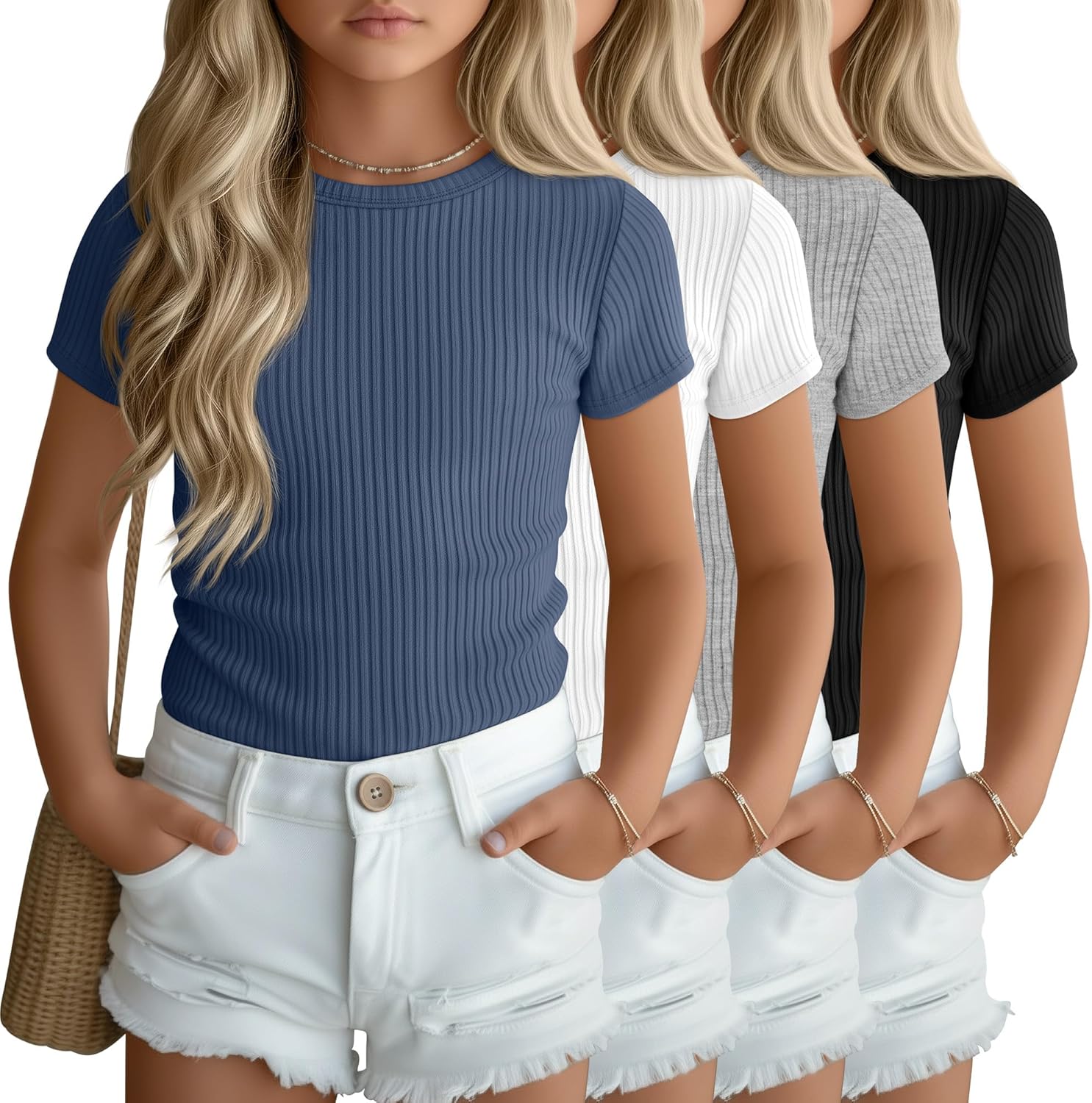 4 Pack Girls T-Shirts Short Sleeve Soft Ribbed Tops Slim Fit Crewneck Summer Athletic Stretchy Basic Tees 5-14 Years