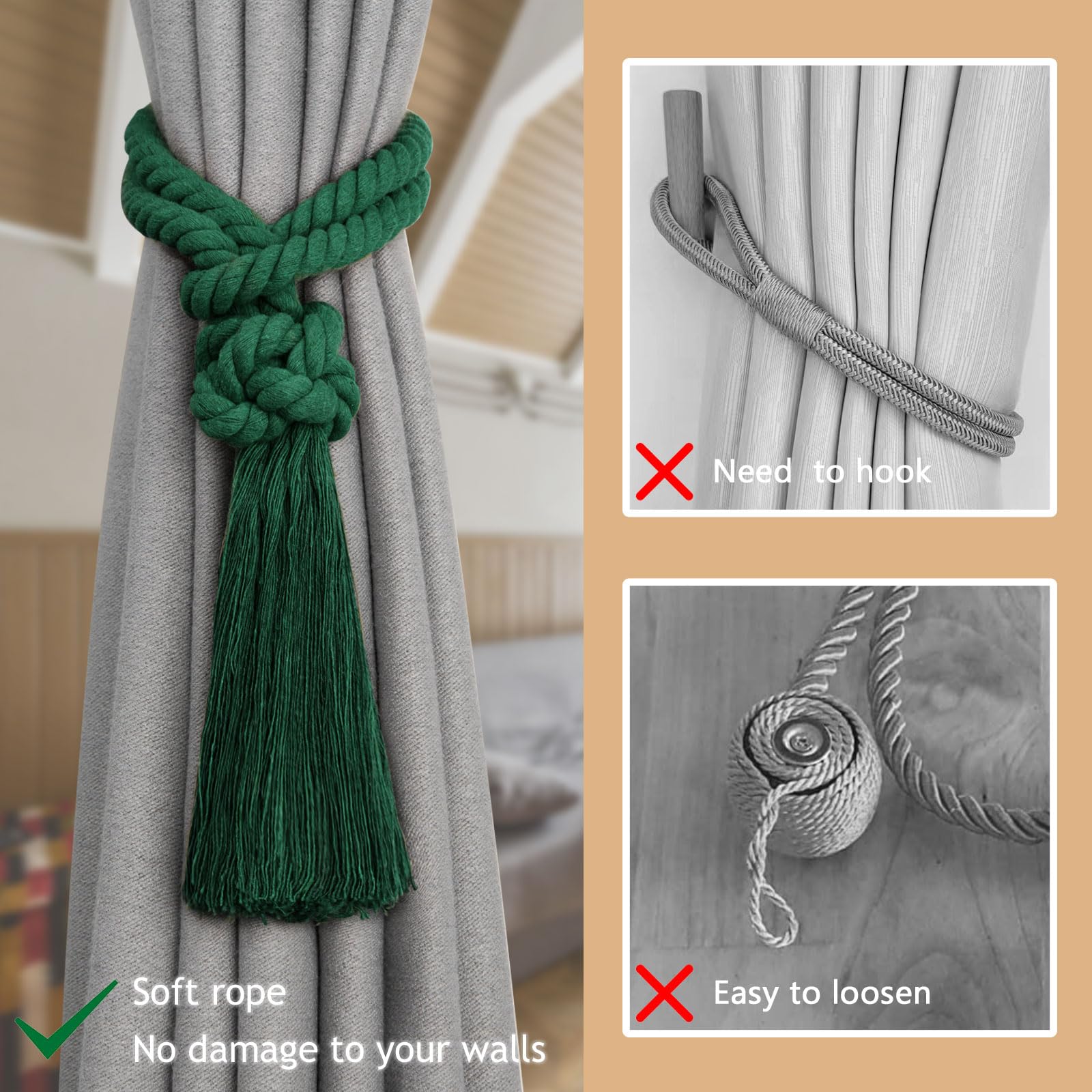 Pretty Jolly 4 Pack Natural Cotton Rope Tassel Curtain Tiebacks Boho Home Decor Drape Tie Backs Hand Woven Ball Curtain Holdbacks for Thin & Thick Home & Office Window Draperies (Green) - Image 2