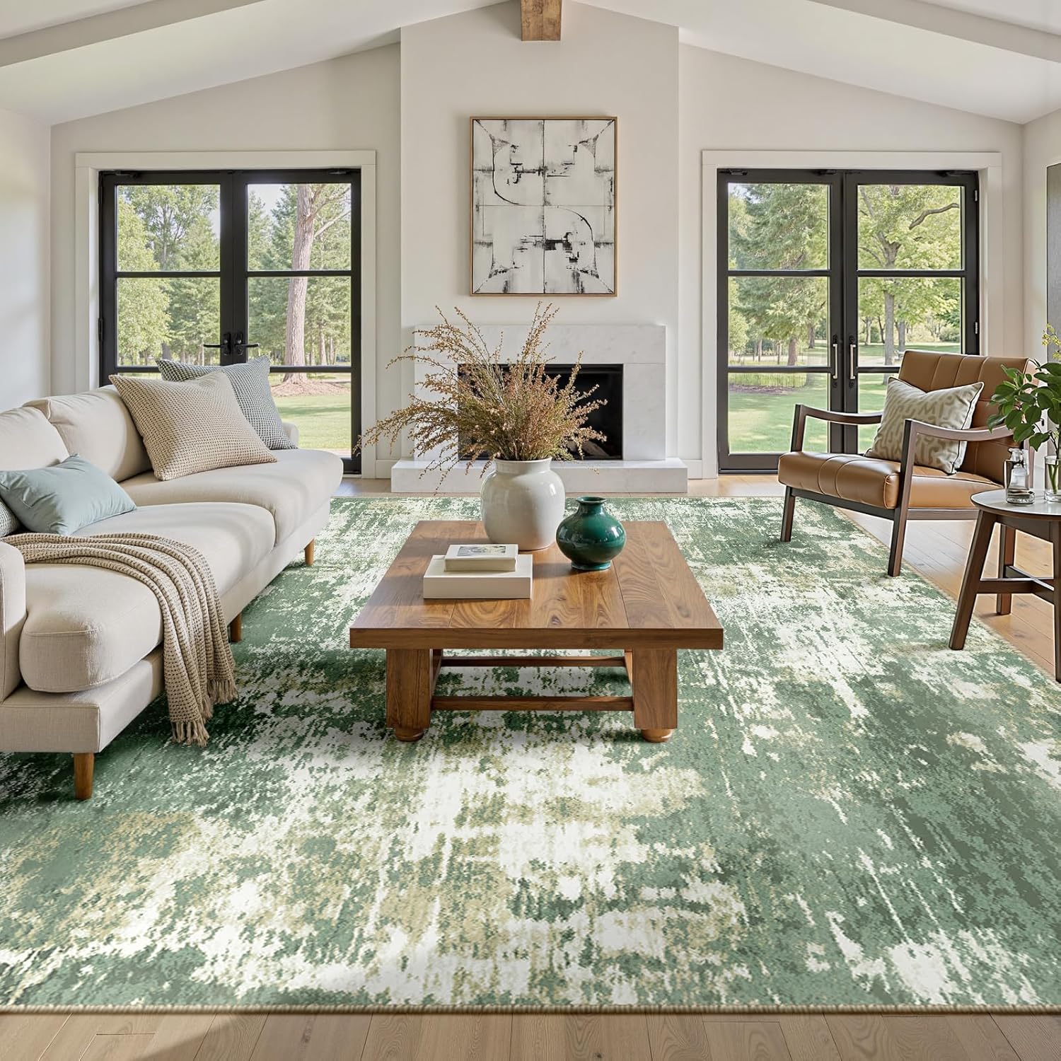 Washable Area Rugs 8'x10' Non-Slip Modern Abstract Soft for Living Room Entryway Bedroom Nursery, Print Pattern, Light Green/Yellow Green/Gray/Yellow 8' x 10' (Rectangular)