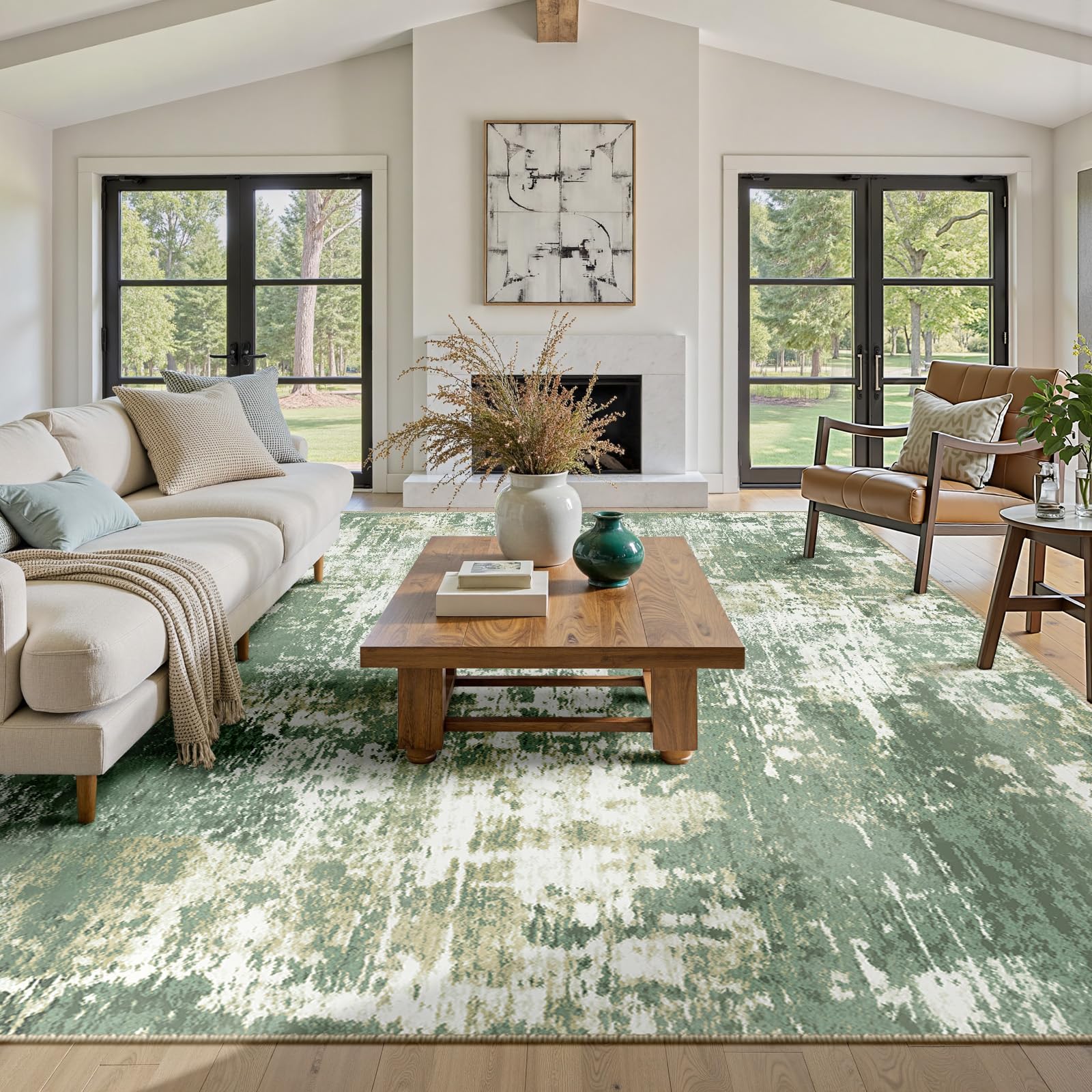 RELEANY Washable Area Rugs 9'x12' Non-Slip Modern Abstract Soft for Living Room Entryway Bedroom Nursery, Print Pattern, Light Green/Yellow