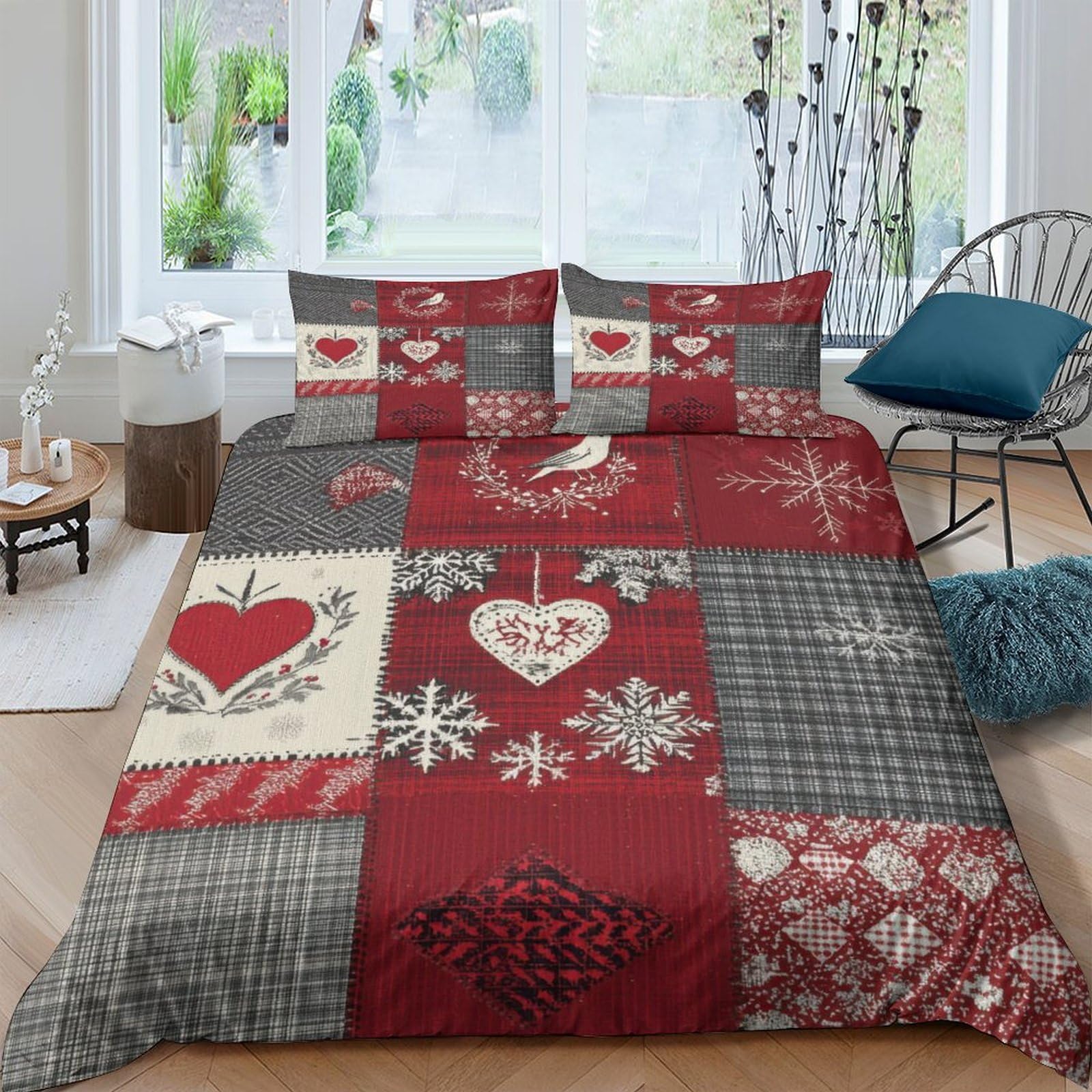 Ctjqhvkz Style-3 3D Printed Nordic Patchwork Fitted Sheet Microfiber Anti-Slip Heart Snowflake Bed Cover Bedroom Decor Mattress Protection Single（135X200cm）