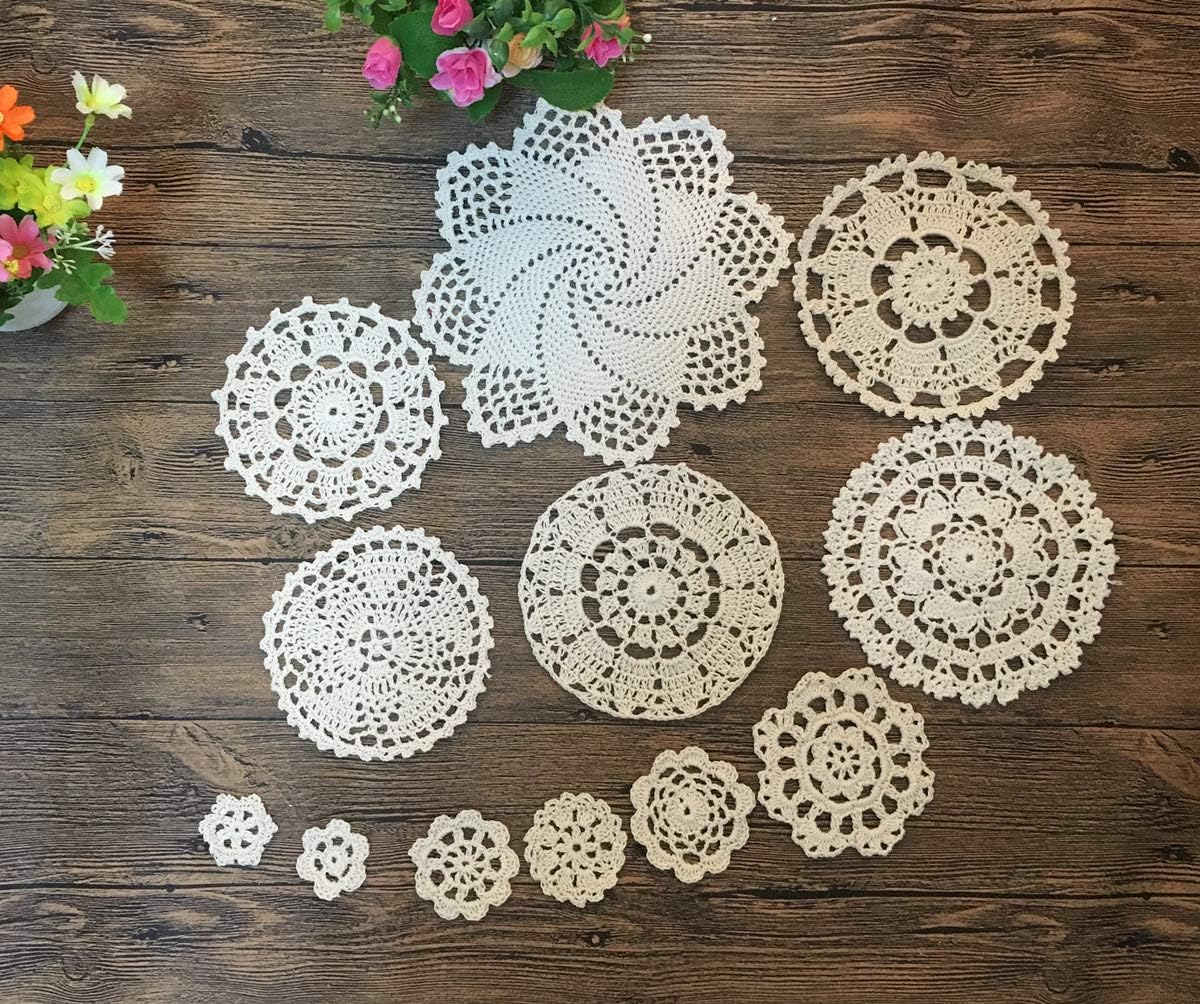 Best Cyber Deals 🔥 MINDPLUS Set of 12 Hand Crochet Doilies Cotton Crocheted Lace Doilies 1-8 Inches Round Beige Vintage Wedding Crafts (12pcs Beige)