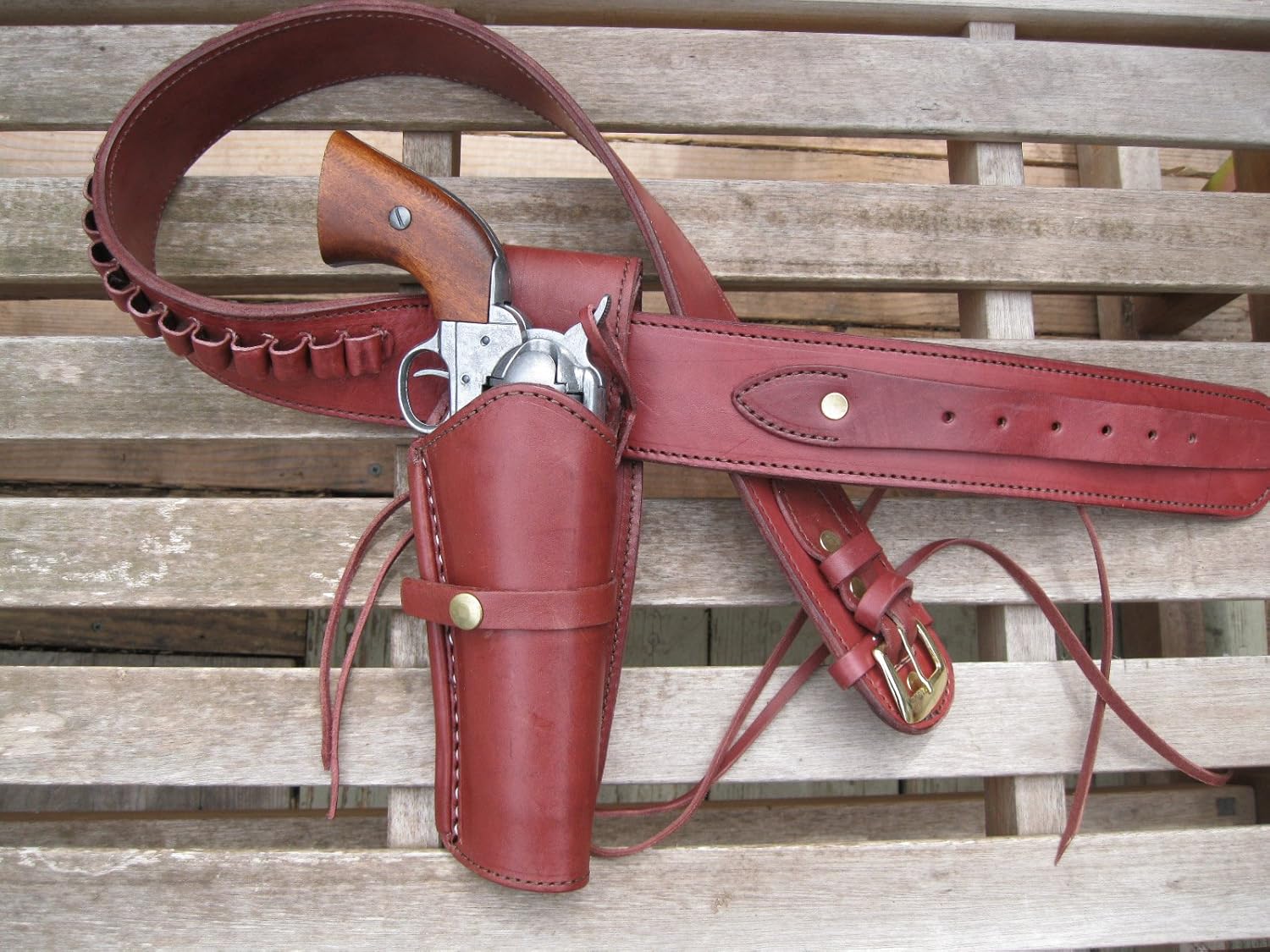 Western Gun Belt - Leather - 45 Caliber - Burgundy Color with 6" Right Handed Plain Holster Combo (Burgundy, 46") - Sizes are for Hip Size