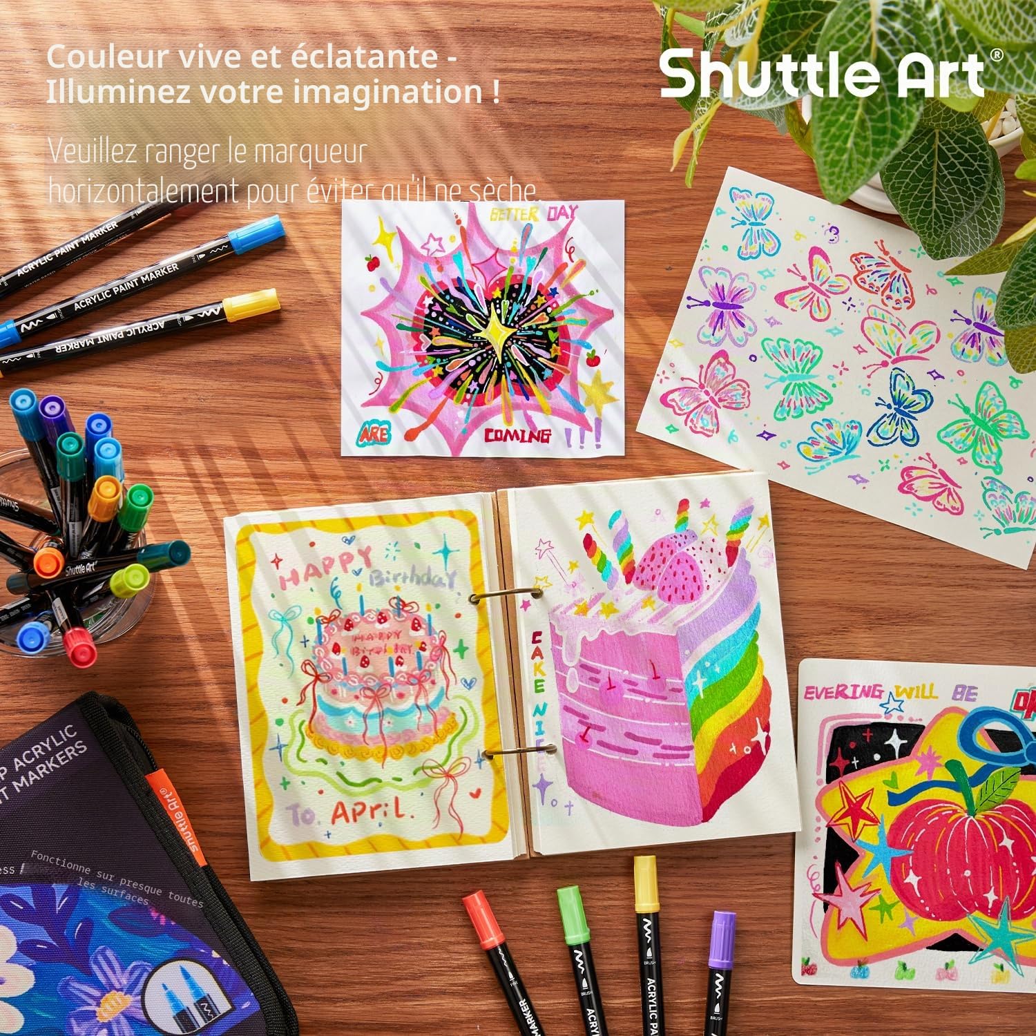Shuttle Art Feutre Acrylique, 80 Couleurs Marqueurs Peinture Acrylique à Double Pointe (Pinceau et Fine), Marqueur Acrylique sur Céramique Toile Plastique, Feutre Peinture pour Calligraphie, Bricolage