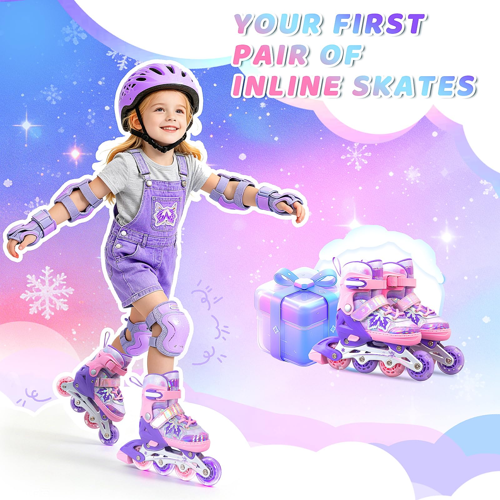 Nattork Patins à roulettes réglables - Flocons de neige - Pour filles et garçons - Sûrs et confortables pour les débutants