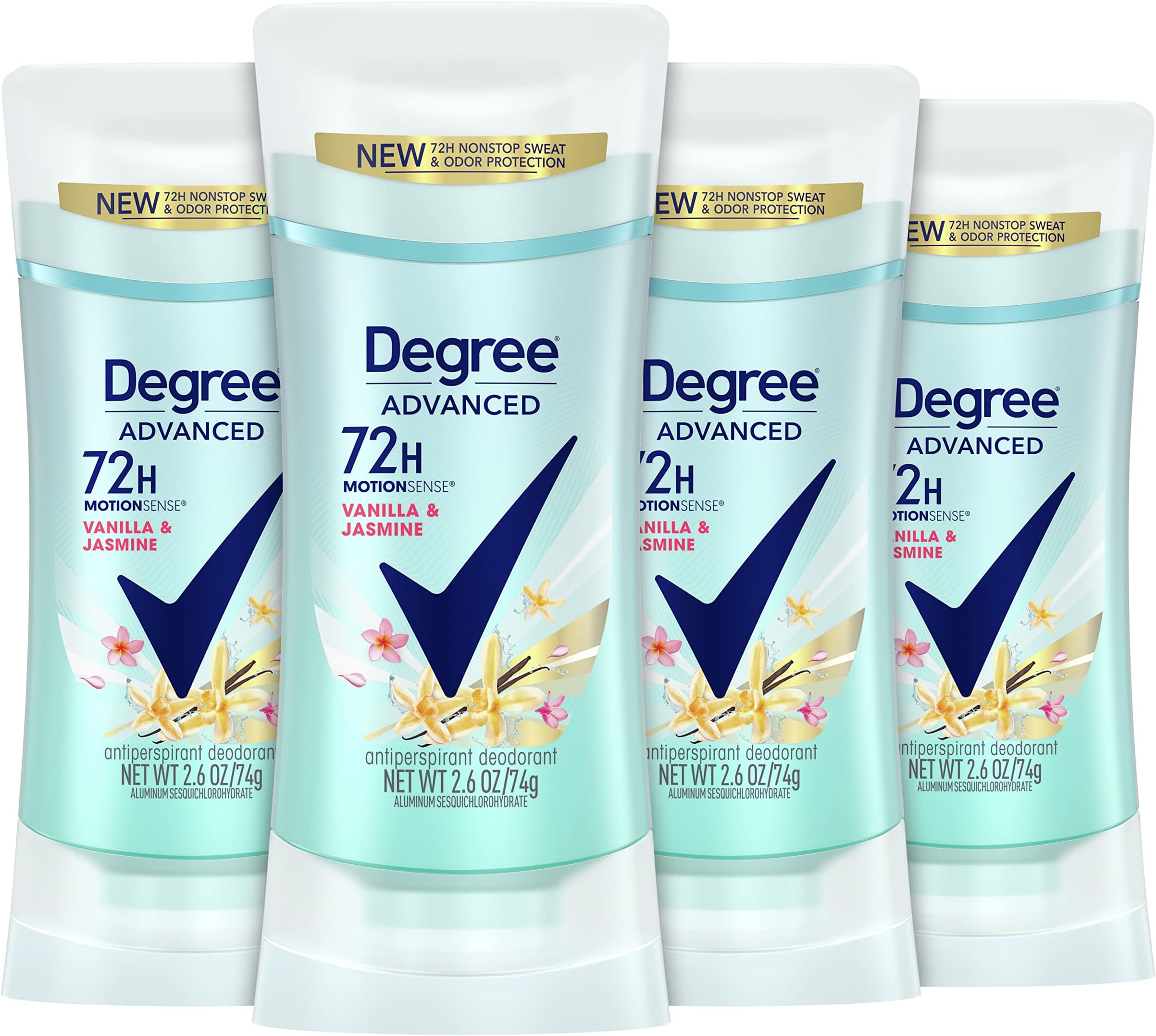 Degree Antiperspirant Deodorant 72 Hours Sweat and Odour Protection Vanilla and Jasmine Antiperspirant for Women with MotionSense Technology 74 g Pack of 4